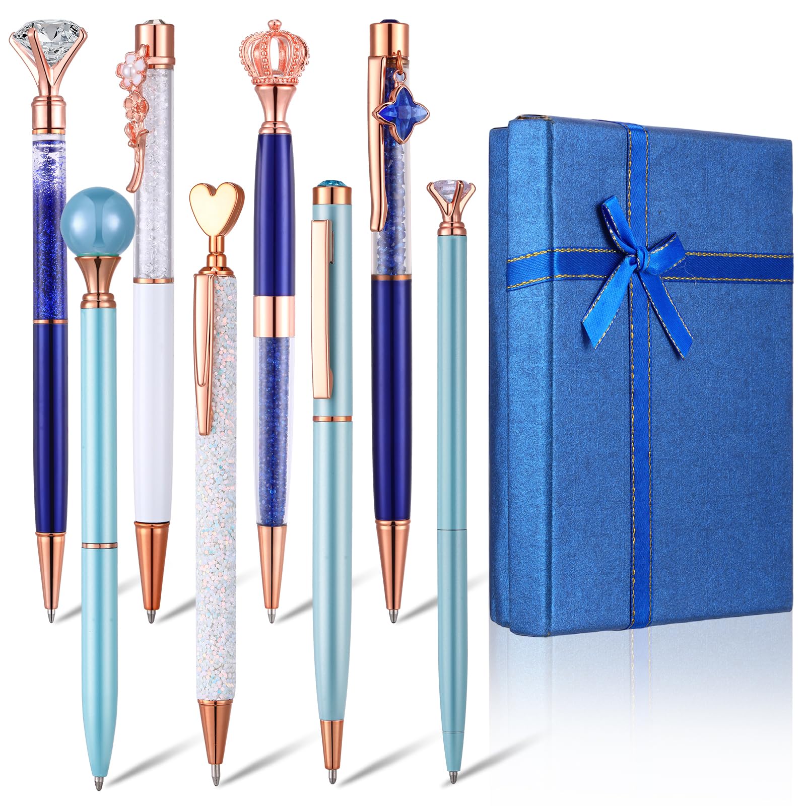 Cholemy 8 Pcs Christmas Ballpoint Pens for Journaling with Gift Box, Crystal Diamond Fancy Pens Thank You Gift for Women Xmas Office School Teacher Gifts (Blue)