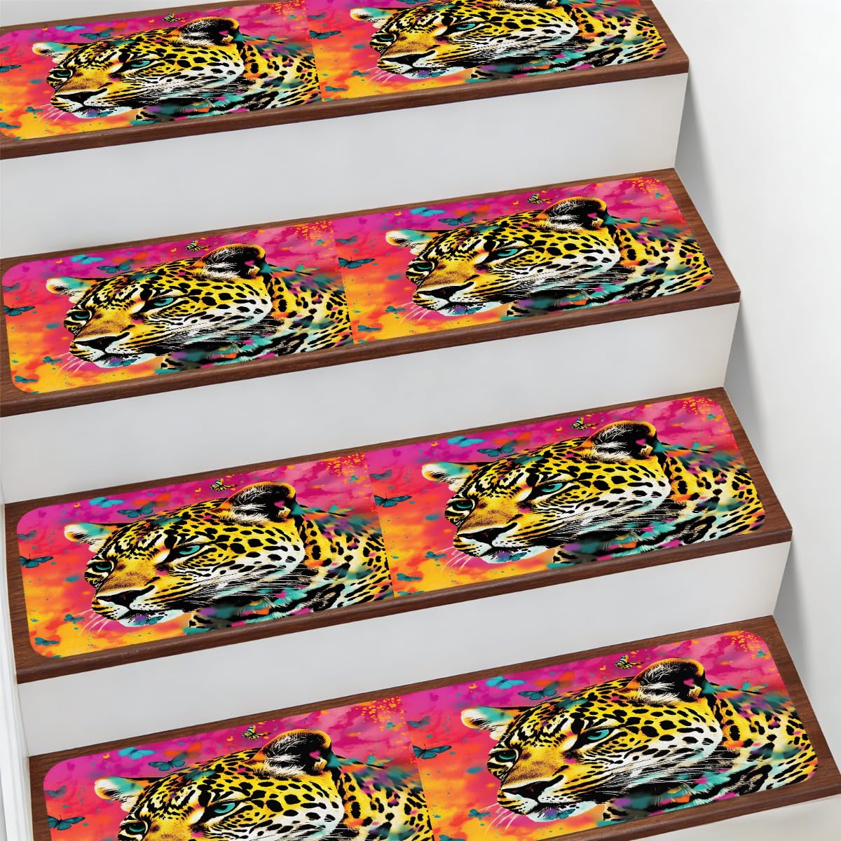 Alfombrillas antideslizantes para niños y mascotas en escaleras interiores de leopardo colorido