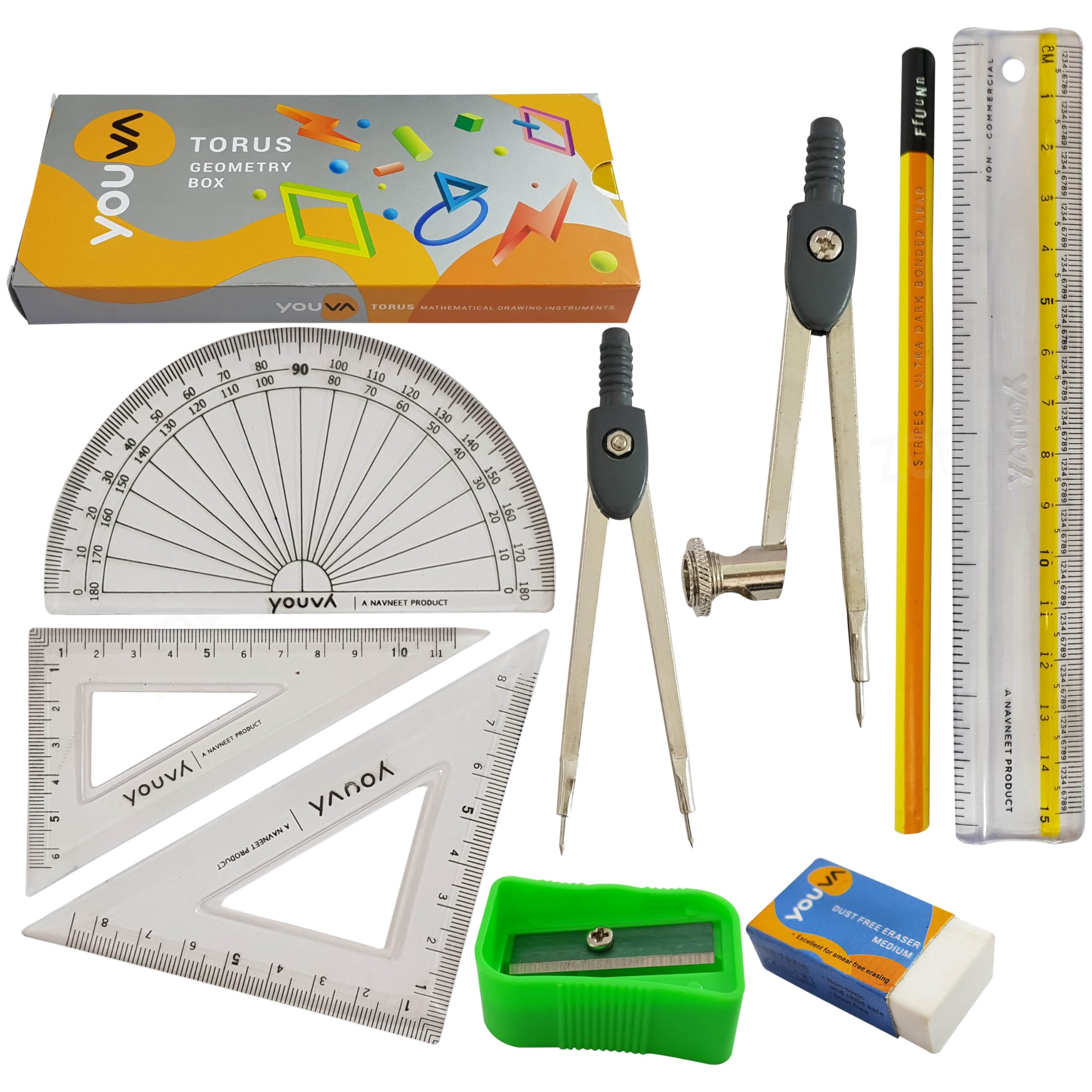Zofax Black Torus Maths Geometry Tin Box, 9Pcs Maths Compass Protractor Divider Ruler Squares Sharpener Eraser, Student Exam Instrument Set, Izofax Ball Pen