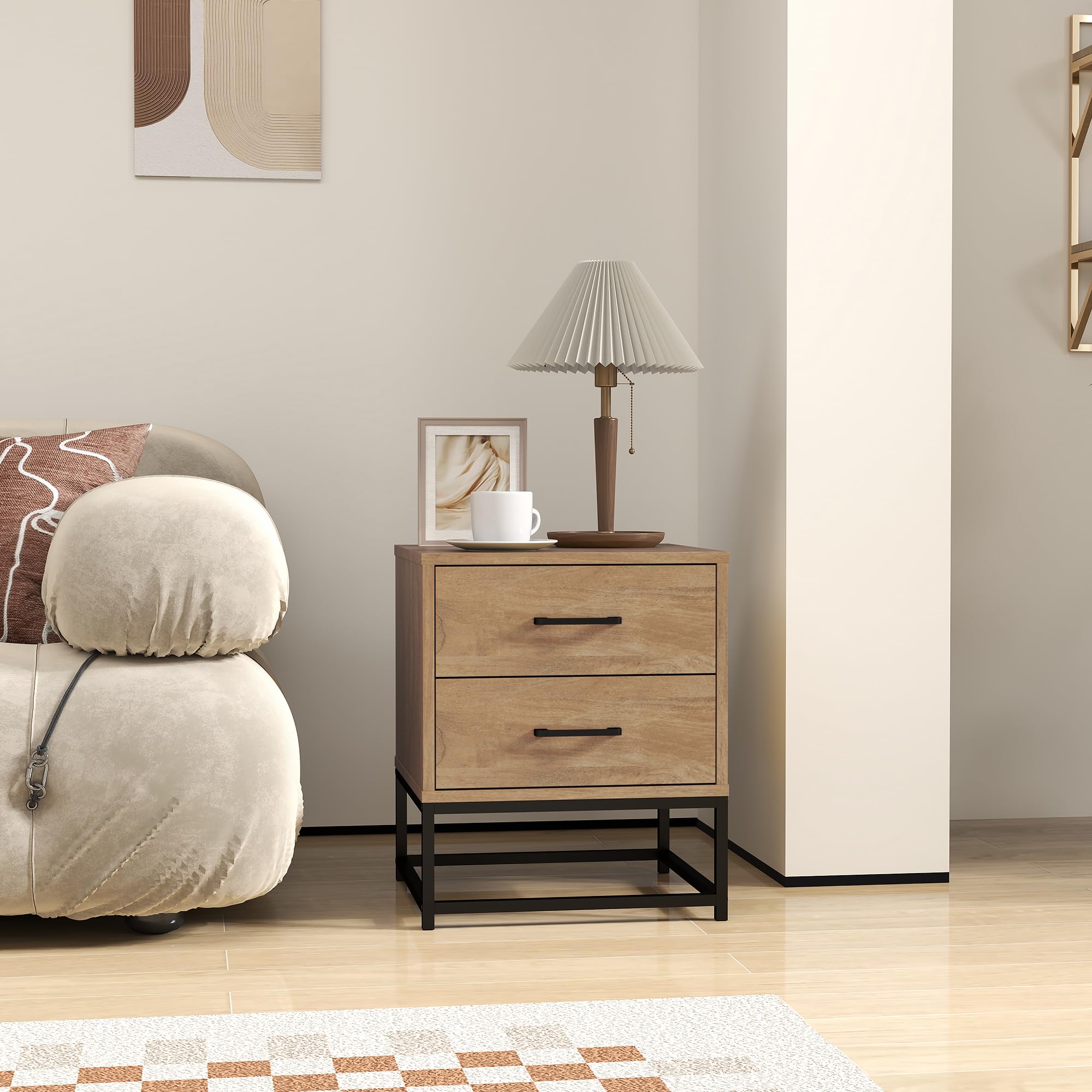 HOMCOM Juego de 2 Mesillas de Noche con 2 Cajones, Pareja de Mesillas de Noche de Estilo Industrial en Madera y Acero, Mesillas Auxiliares para Sofá, Sala de Estar, Salón y Dormitorio, 40x39.5x48 cm, | Estilo industrial de madera y acero, mesas auxiliares