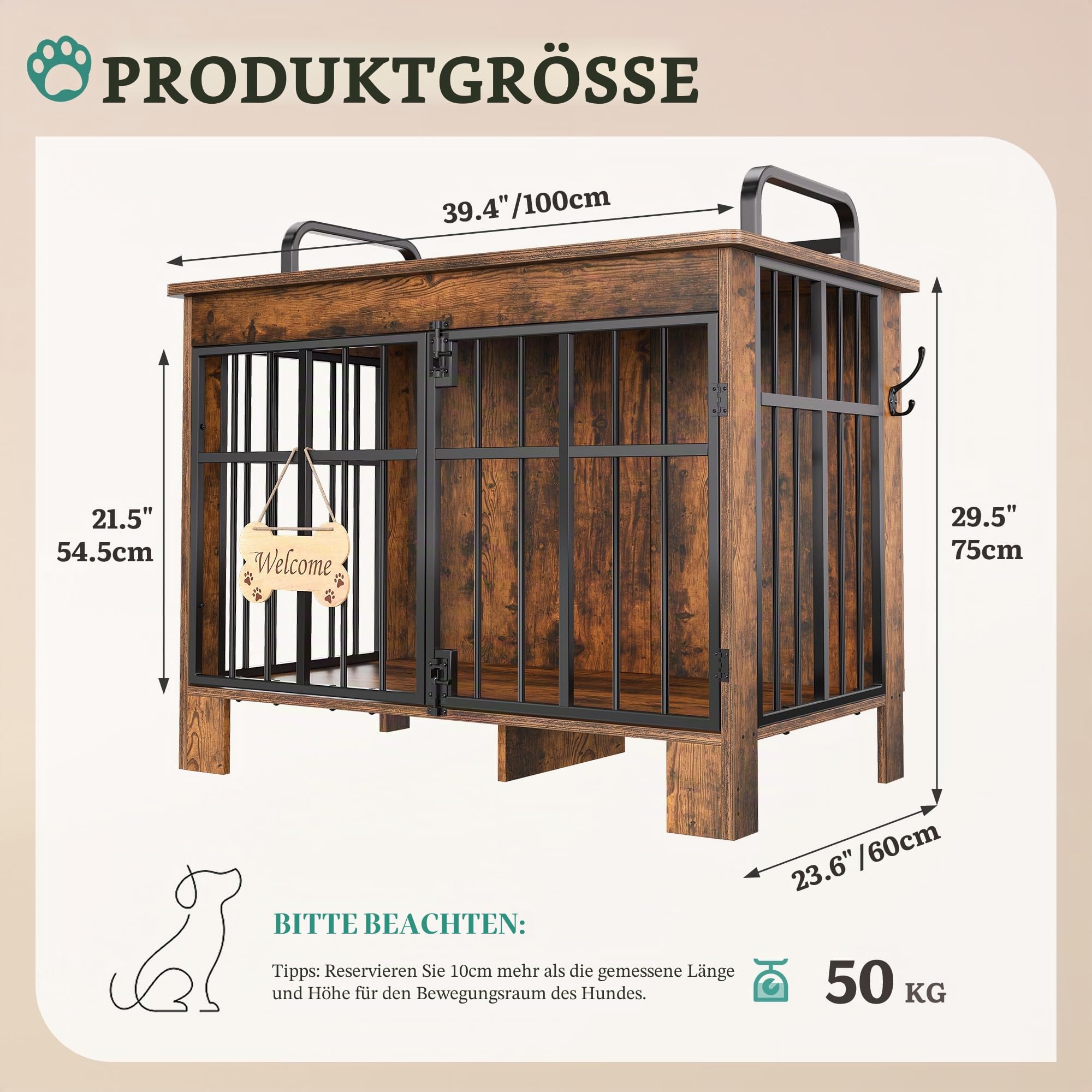 YITAHOME Große Hundebox für Zuhause 100cm, Doppeltür, Vintagebraun | Absturzsicherung, Knochen-Welcome-Schild, Haken, Riegel, Beistelltisch nutzbar, Für Mittel-Großhunde bis 50kg. Pflegeleicht.