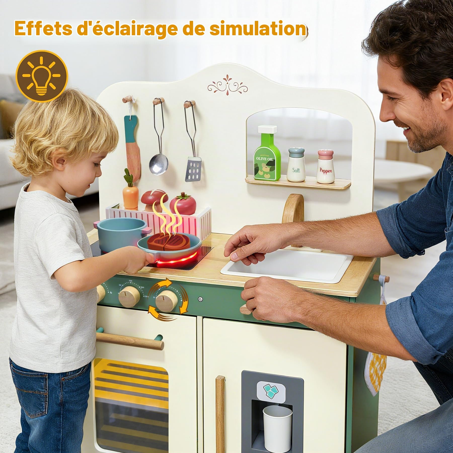 TOYWOO Cuisine en bois pour enfants avec lumière et son, cuisine de jeu pour enfants à partir de 3 ans avec set de nourriture à découper, évier, cuisinière et micro-ondes, jouet éducatif de jeu de