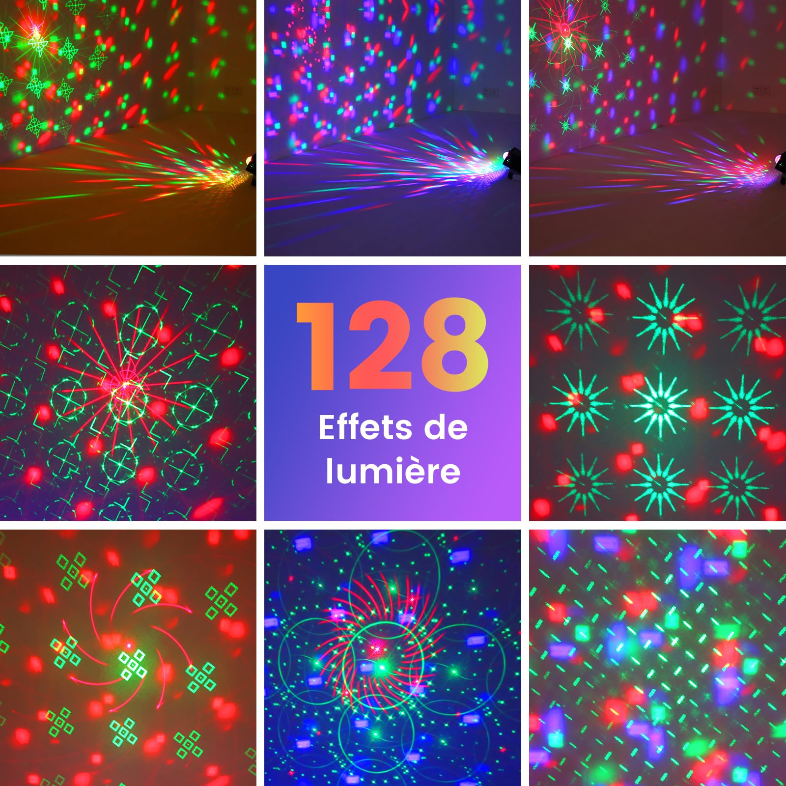 JONRRYIN Lumiere Disco, 3 IN 1 Lampe Disco, Lumiere Soiree avec Contrôle de la Musique, Laser Party Light avec Télécommande et 128 Motifs pour Fêtes, Anniversaires, Pubs
