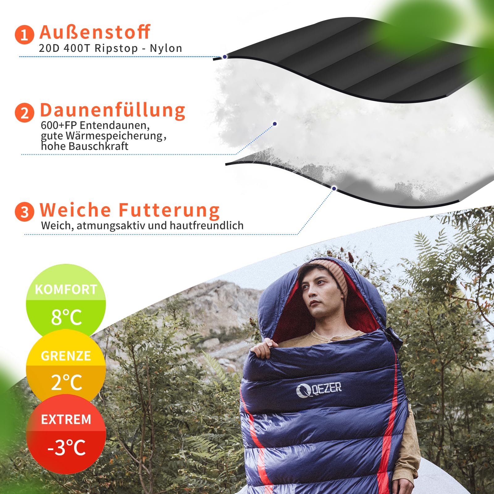 Saco de Dormir Plumón 220x80cm 8~-3℃ 4 Estaciones Ultraligero Camping Senderismo