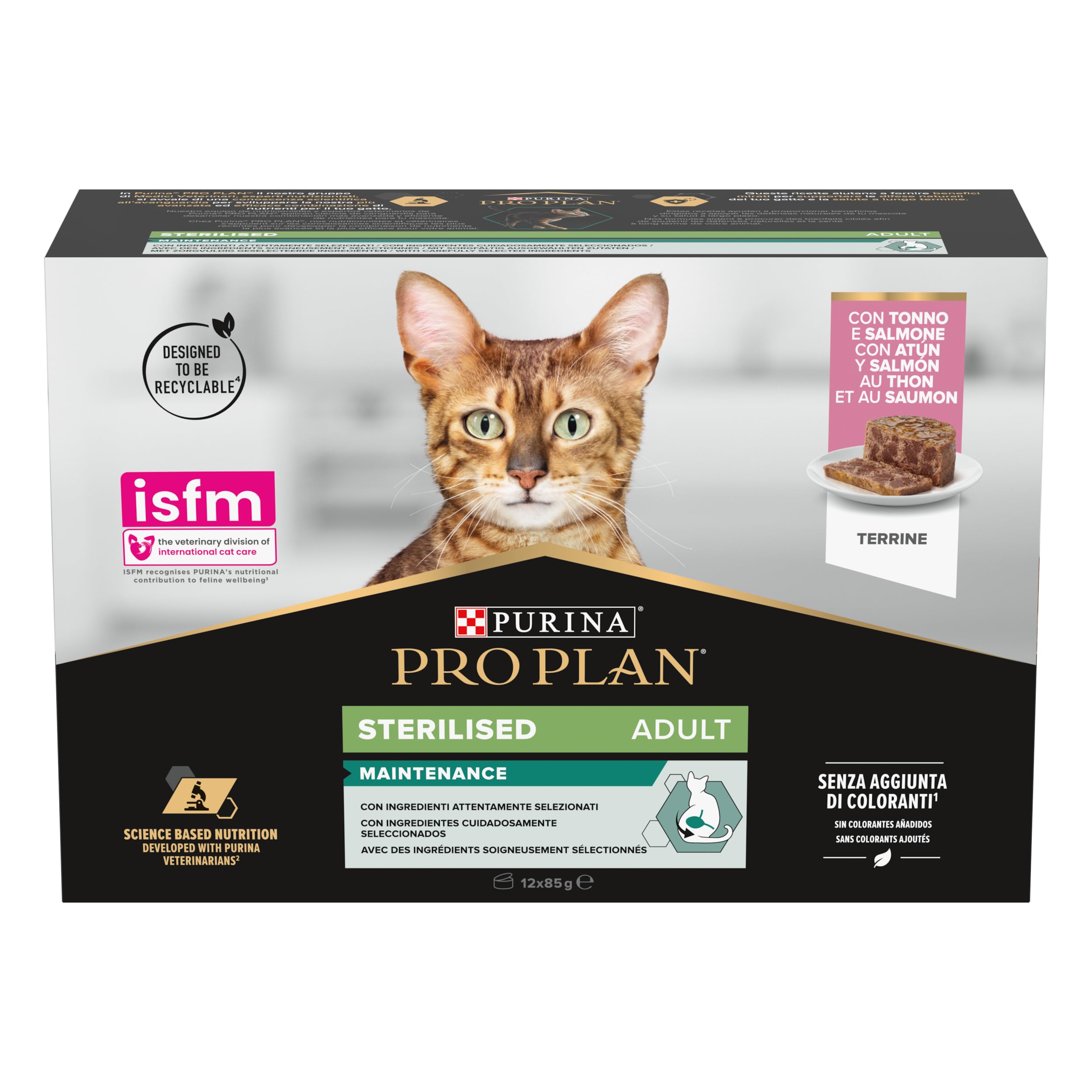 PURINA PRO PLAN Sterilised Maintenance - Comida húmeda para Gatos Adultos esterilizados, paté con salmón y atún, 12 latas de 85 g