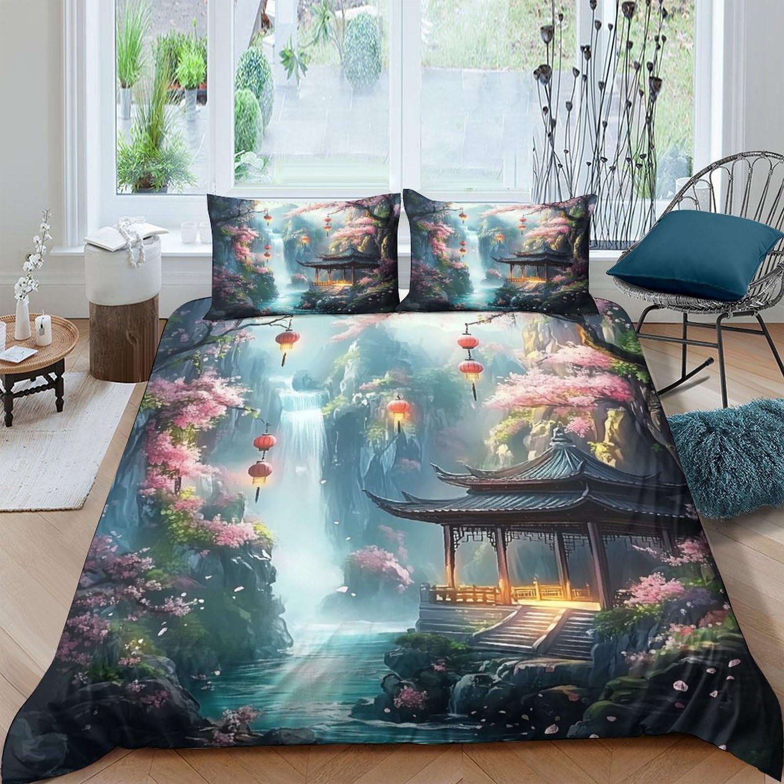 Ctjqhvkz Style-1 3D Printed Waterfall Blossom Fitted Sheet Microfiber Soft Asian Pavilion Mattress Cover For Bedroom Dorm Decor Single（135X200cm）