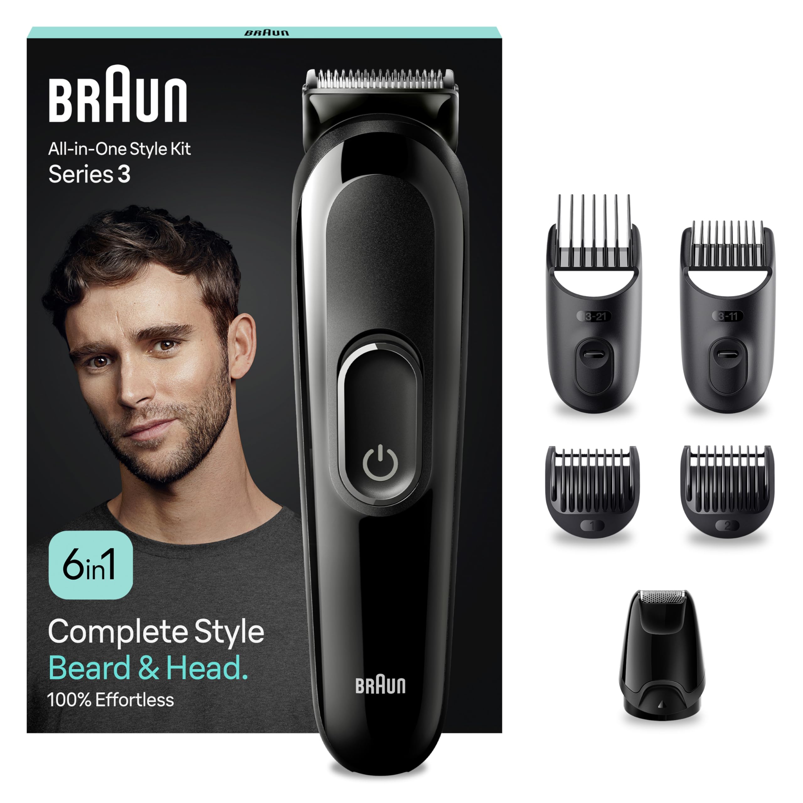 Braun REGOLABARBA Tagliacapelli Uomo, Rasoio Elettrico Barba e Capelli, 6-In-1 Styling Kit Ideale per Barba, Capelli, 50 Minuti Di Utilizzo Senza Fili, MGK3410