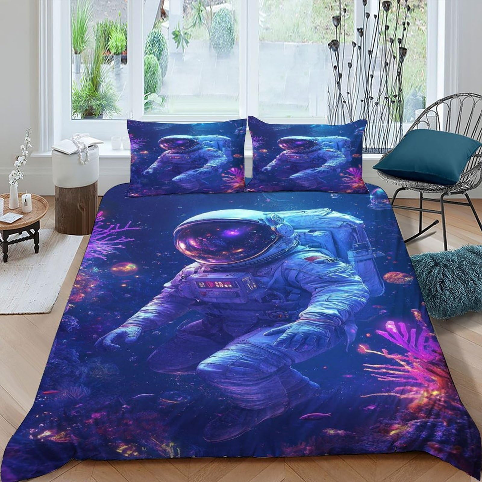 Astronaut Bedding Set Theme Bedspread Starry Sky Theme Duvet Cover Set Chic Breathable Comforter Cover Universal for All Seasons with Pillow King（220x240cm）