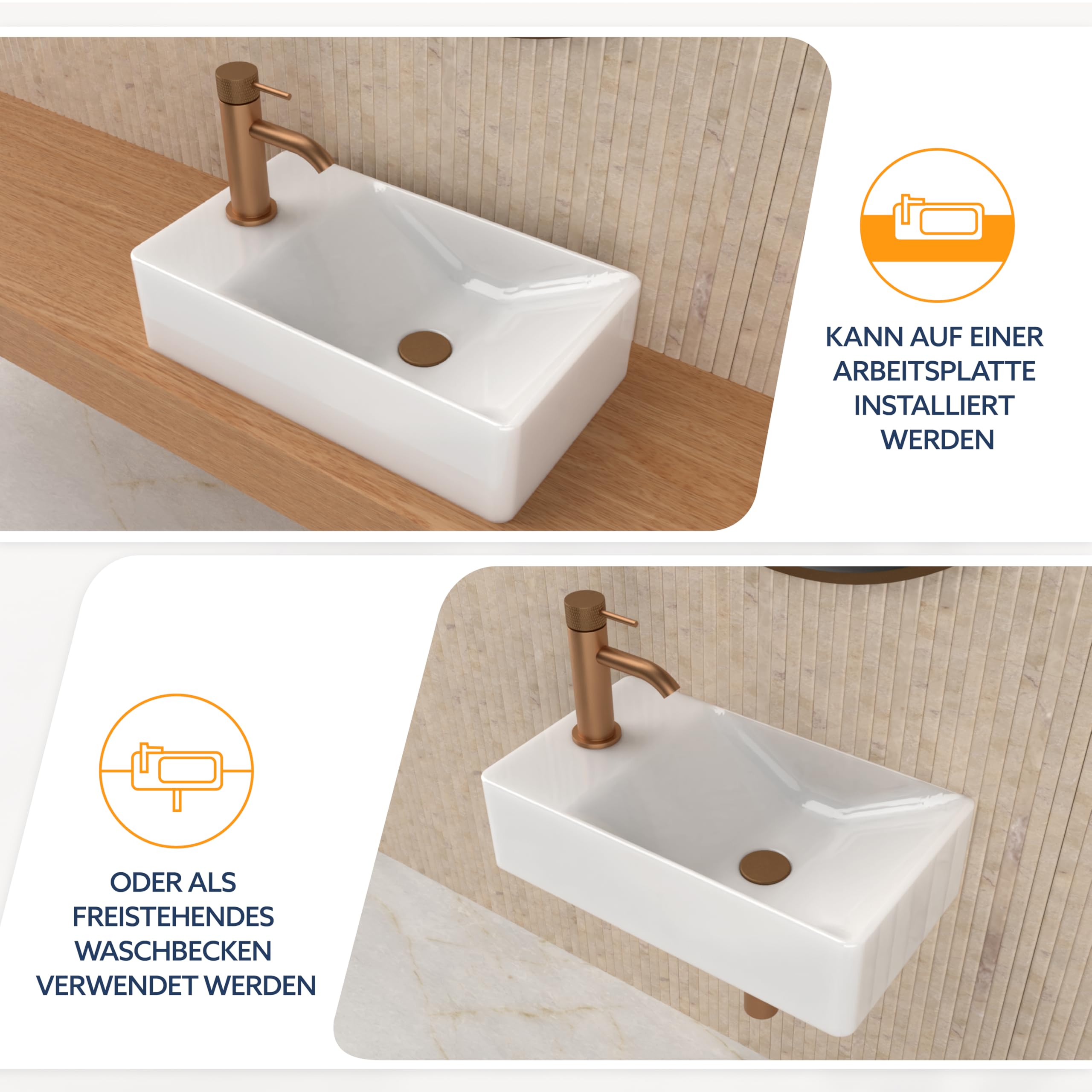 HOGART lavabo pequeño baño 38x22 cm, lavabo cerámica rectangular, lavabo suspendido pared o sobre encimera, con orificio para grifo, sin rebosadero, aseo invitados moderno (38x22 cm (R))