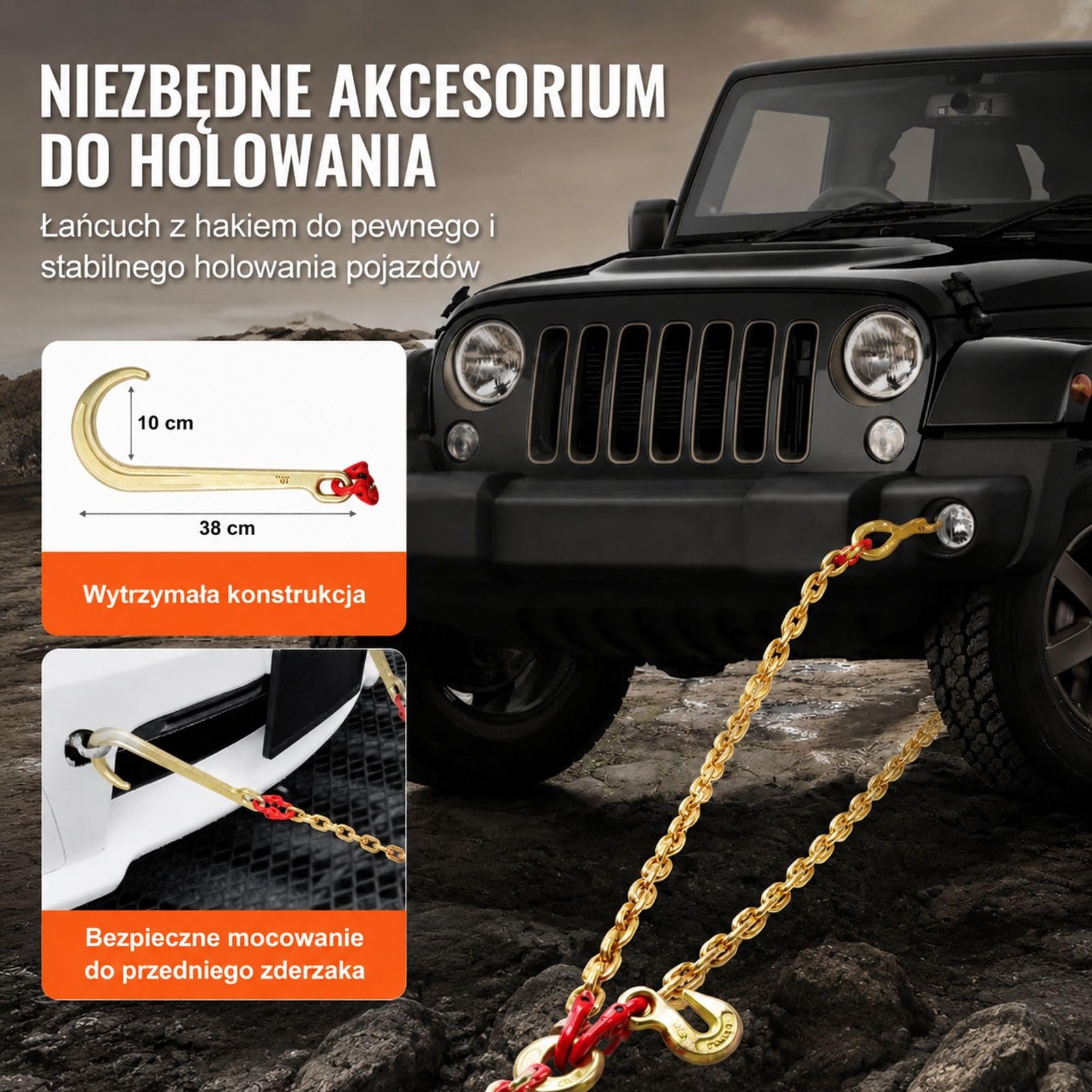 Łańcuch holowniczy z hakami J, układ V do transportu pojazdów