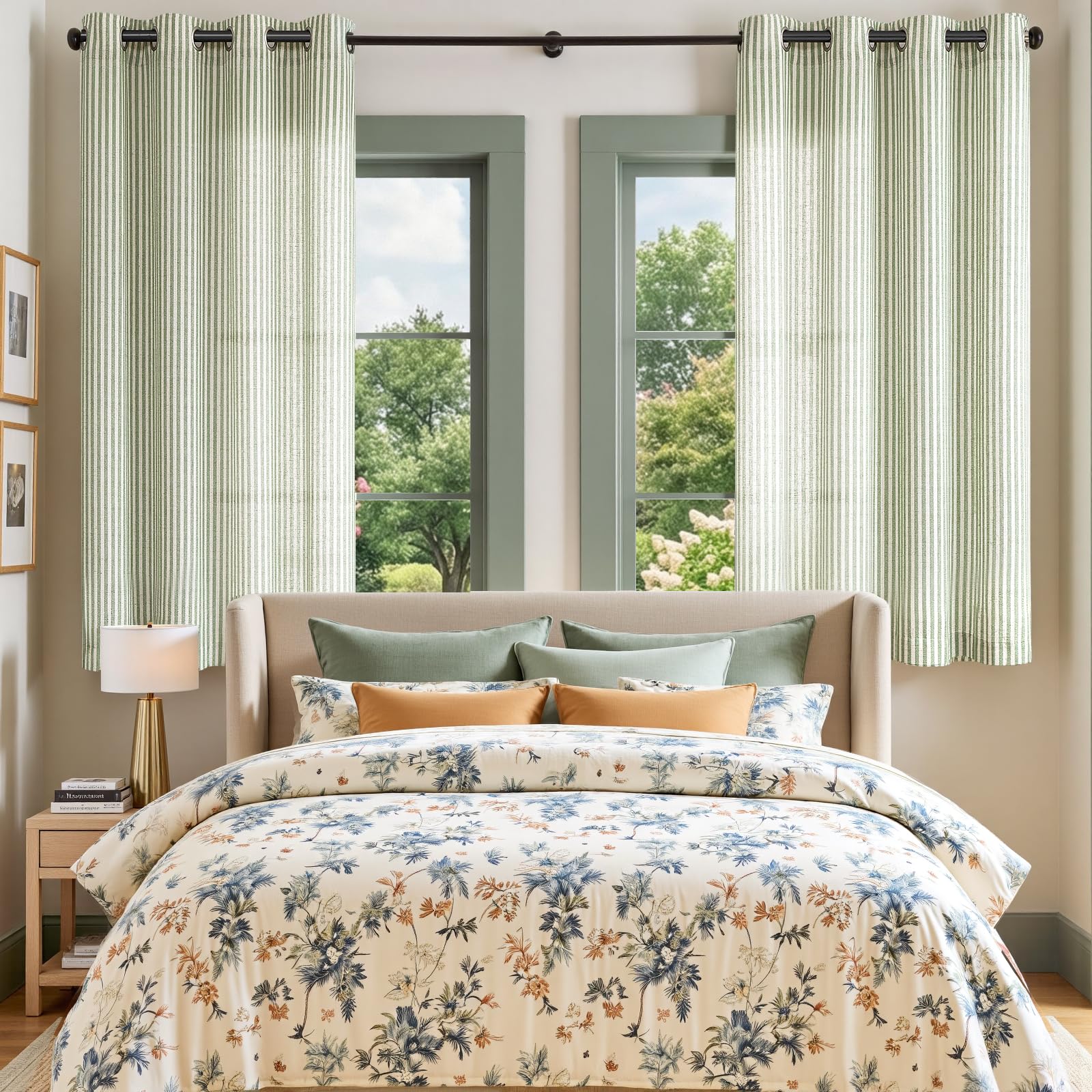 Vangao Lot de 2 Rideaux de fenêtre en Lin à Rayures coutil filtrant la lumière – Rideaux de fenêtre à Rayures Vertes Fines imprimées sur Beige – 160 cm de Long – pour Salon, Chambre à Coucher