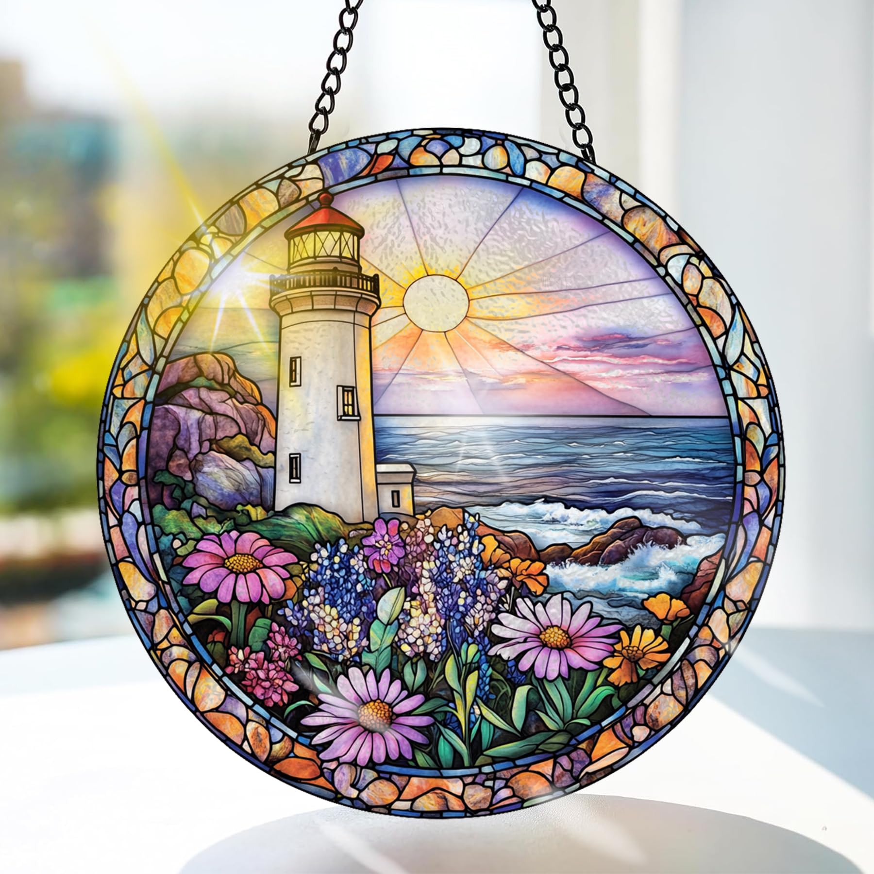 Bimkole Lighthouse Stained Glass Suncatcher Window Hanging - Flower Scenery Indoor Window or Doorway Decoration - Handmade Sun Catcher Decor for Garden Home Christmas & Birthday Gifts 7.87x7.87 inch โ image 1