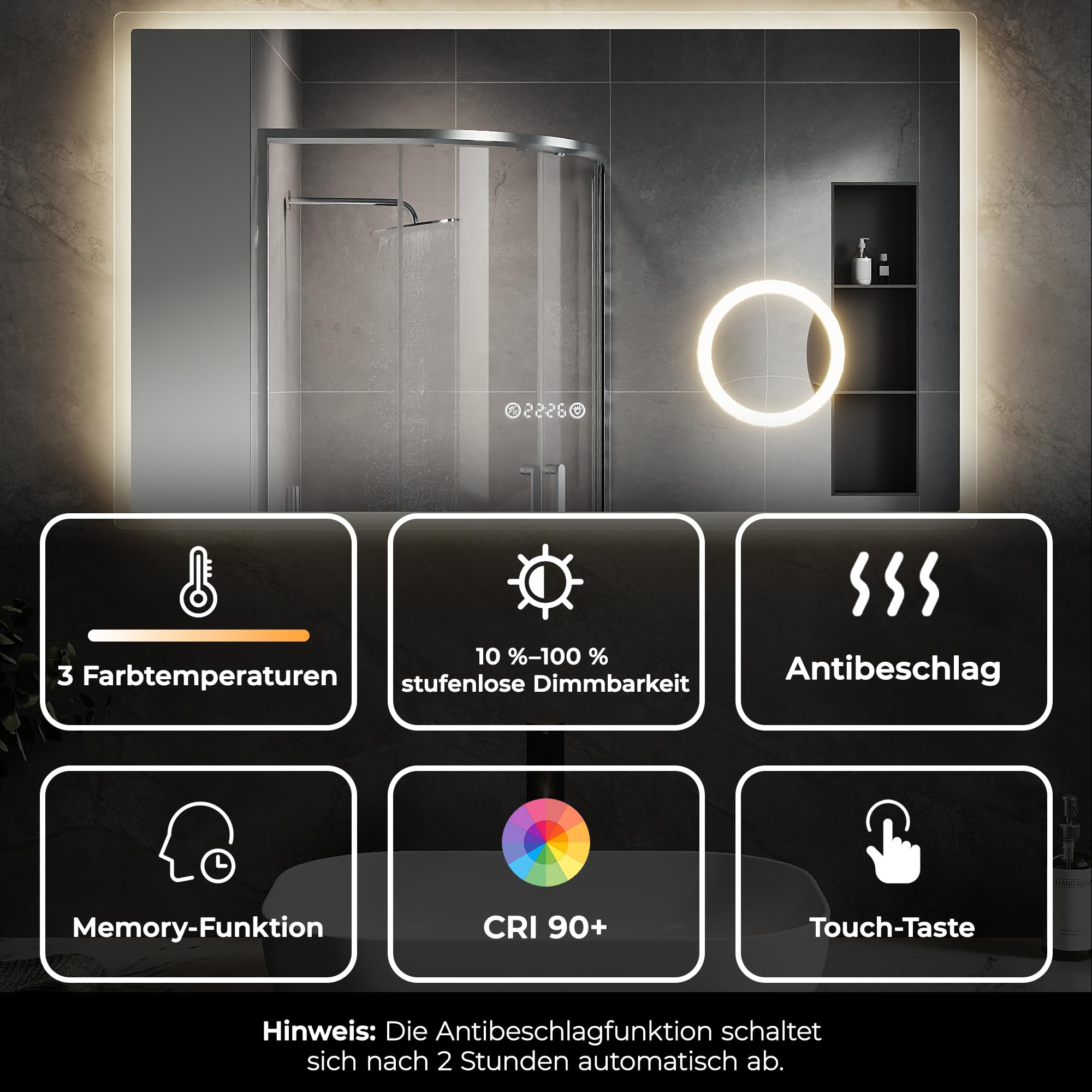 SVNR badezimmerspiegel mit beleuchtung - 100 x 60 cm spiegel mit beleuchtung, Wandmontierter Multifunktionaler Badezimmerspiegel, R10-Abgeschrägte Kante, Uhr, Antibeschlag, LED-Smart-Spiegel