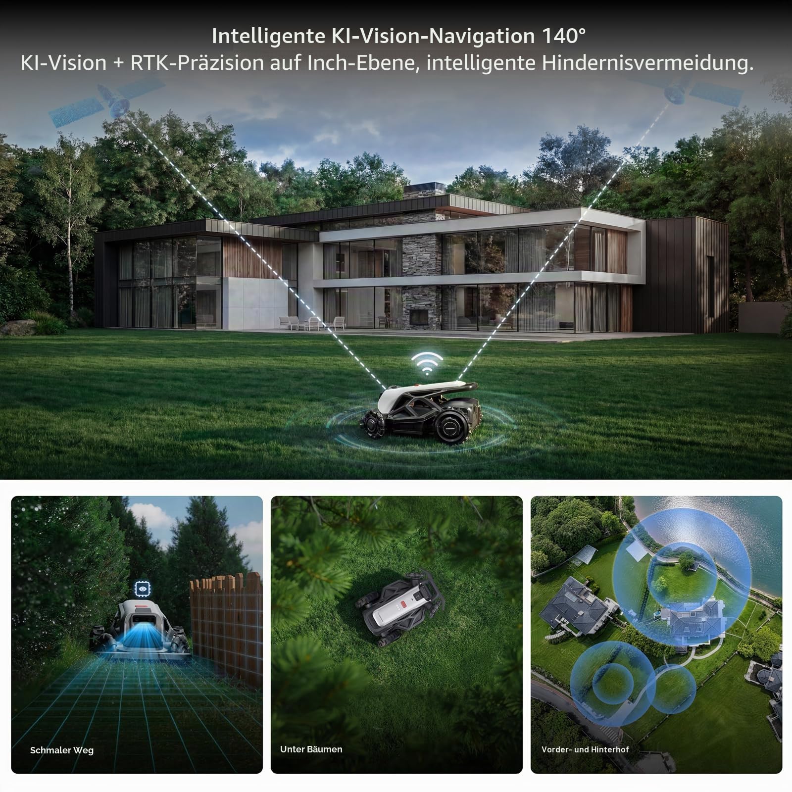 TRON SE Mähroboter ohne Begrenzungskabel,Empf. 1500 m², nRTK VSLAM, Kein Signalabbruch,Auto-Mehrzonen-Kartierung,FlowCut,RWD für 65% Steigung, App Steuerung,KI Navigation,10Ah-Akku