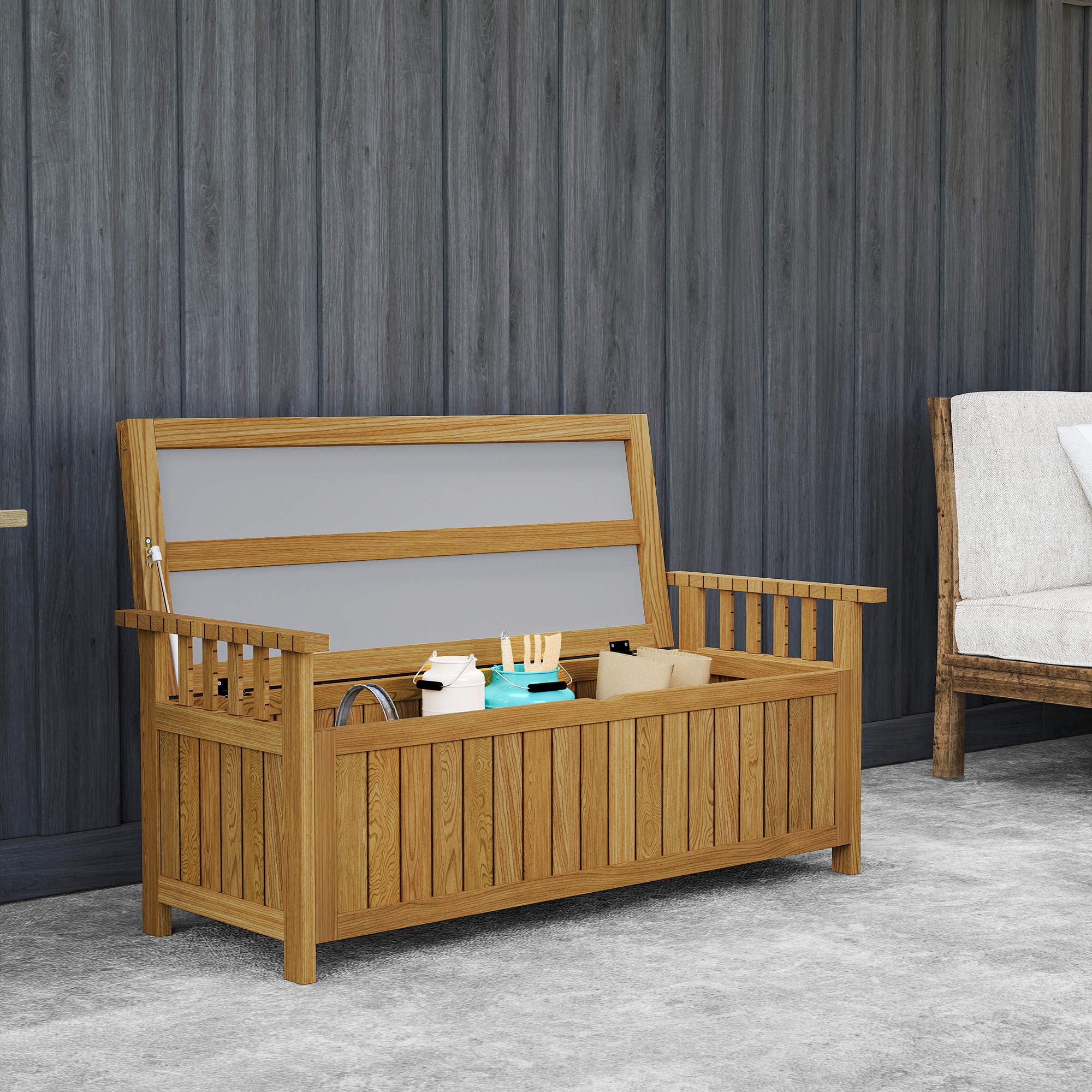 Outsunny Banc de Jardin en Bois 2 Places avec Espace de Rangement de 151L, Banc d'extérieur avec accoudoirs, Charge 240 kg, pour Jardin Balcon, 128,5 x 52 x 53,5 cm Marron