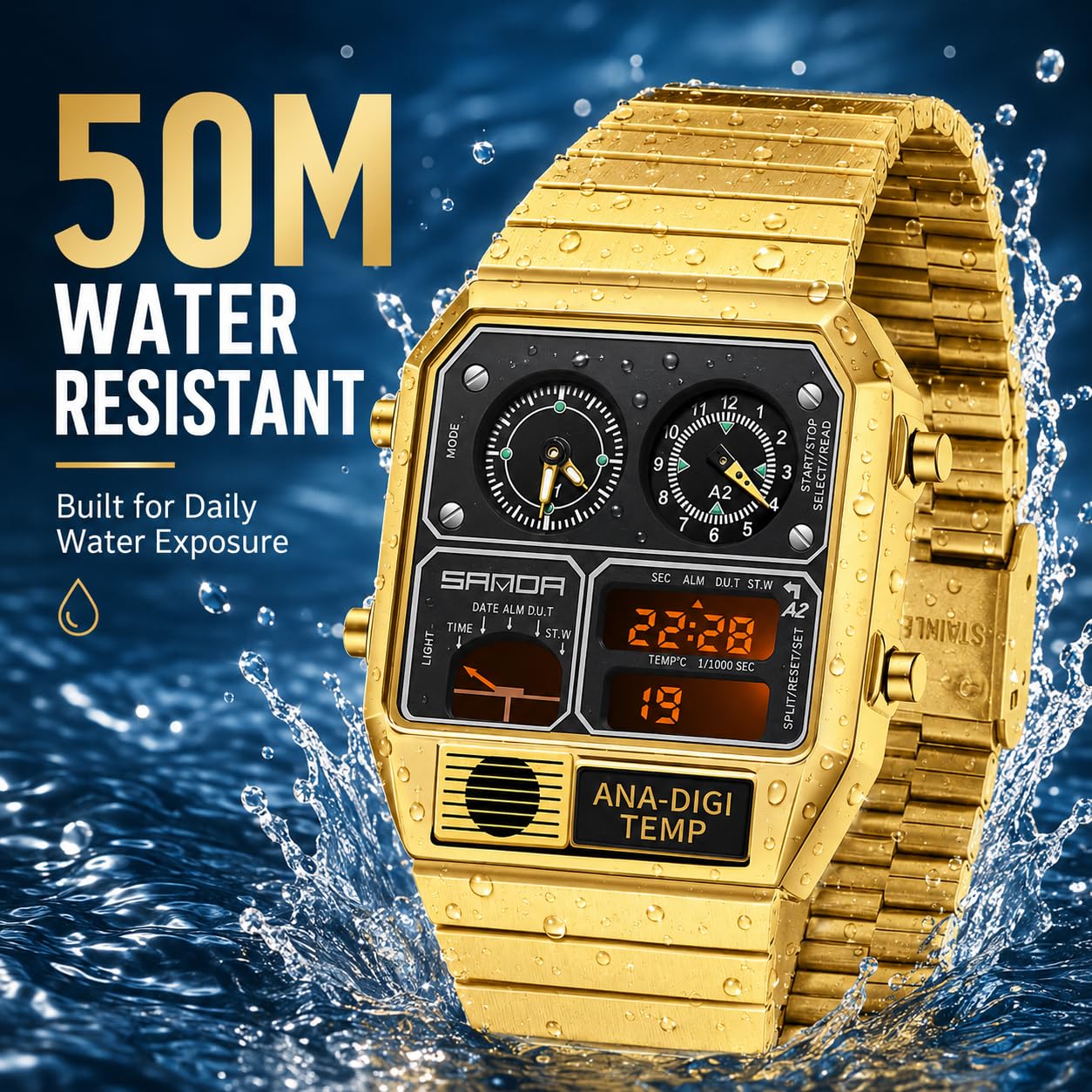 MASTOP Quadratische Retro-Digitaluhr mit Temperaturanzeige, Unisex, 19,1 cm, analog, 3 Zeitzonen, leuchtende Hintergrundbeleuchtung, 50 m wasserdicht, Wecker, Stoppuhr, Woche/Datum, Goldweiß