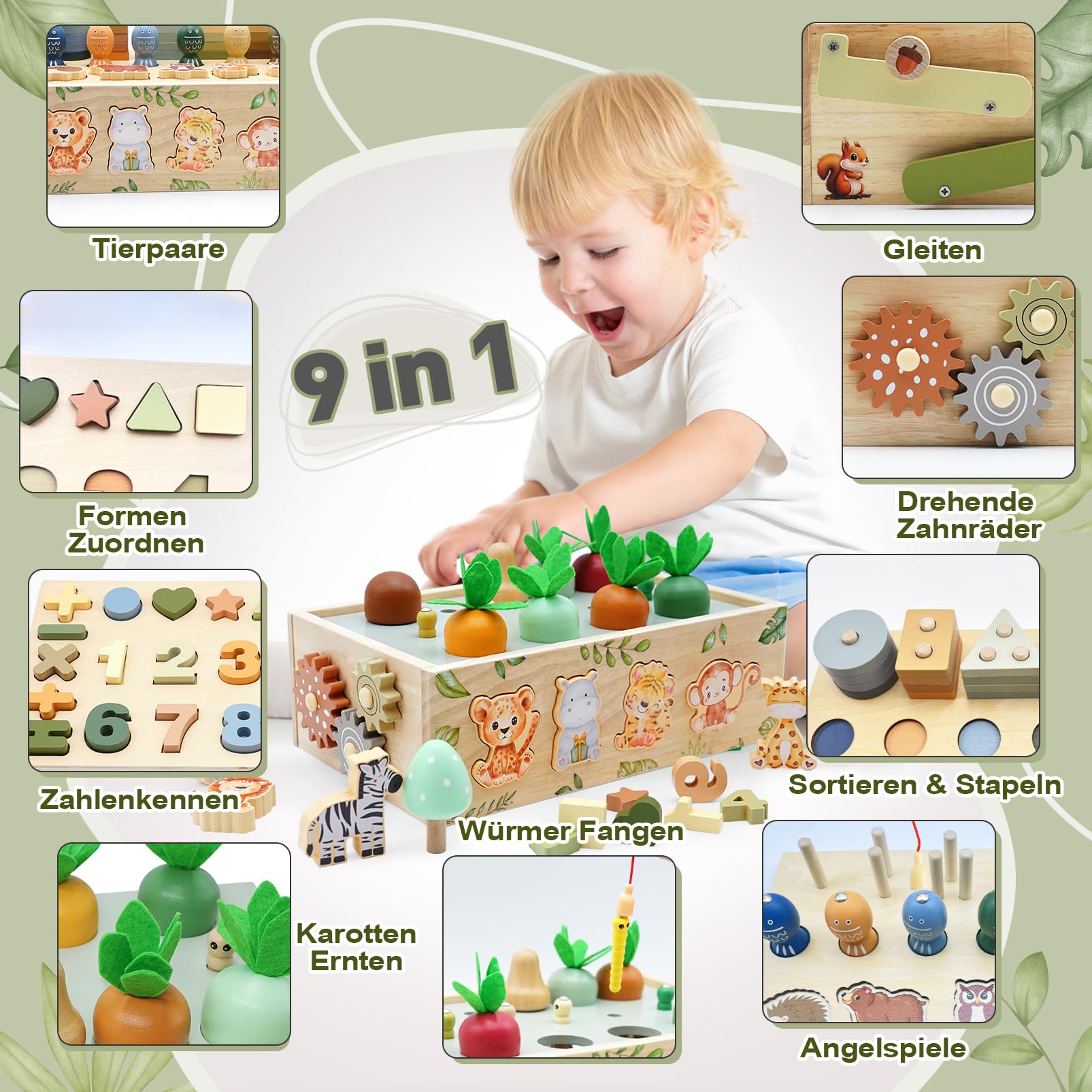 Montessori Zabawka dla Dzieci 1+ Lat, Drewniana Kostka Motoryczna 9 w 1, Safari, Zabawka Motoryczna, Prezent dla Dzieci 1-4 Lat
