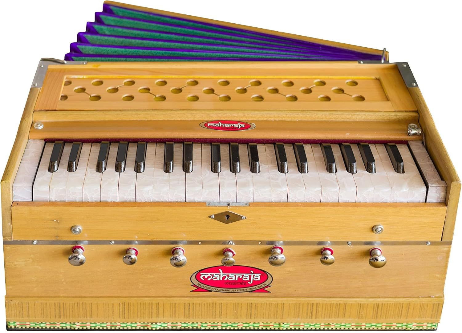 Harmonium, Maharaja Musicals, Model 2025-26 In USA, 3 1/4 Octave, Double Reed, Coupler, Natural Color, 7 Stops, Standard, Padded Bag, Tuned to A440, Musical Instrument Indian ABF