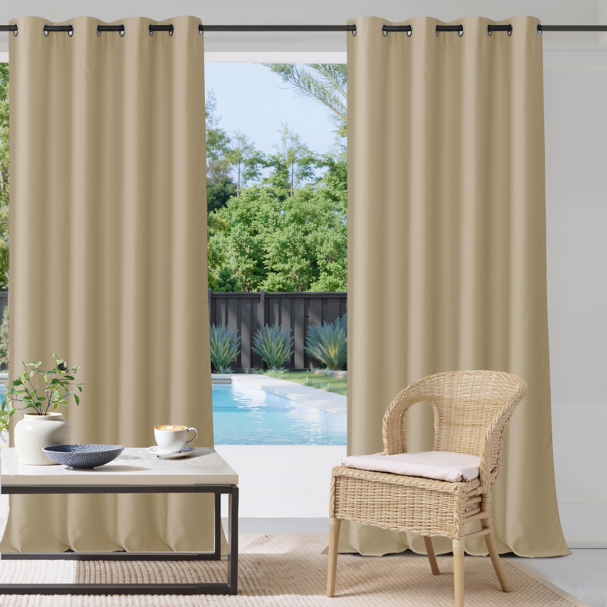 StangH Outdoor Curtains Beige Waterproof - Thick Fabric Light Blocking Blackout Patio Drapes with Grommet Top Thermal Insulated Drapes for Lanai/Porch/Open-air Dining, Cream Beige, W52 x L84, 1 Panel