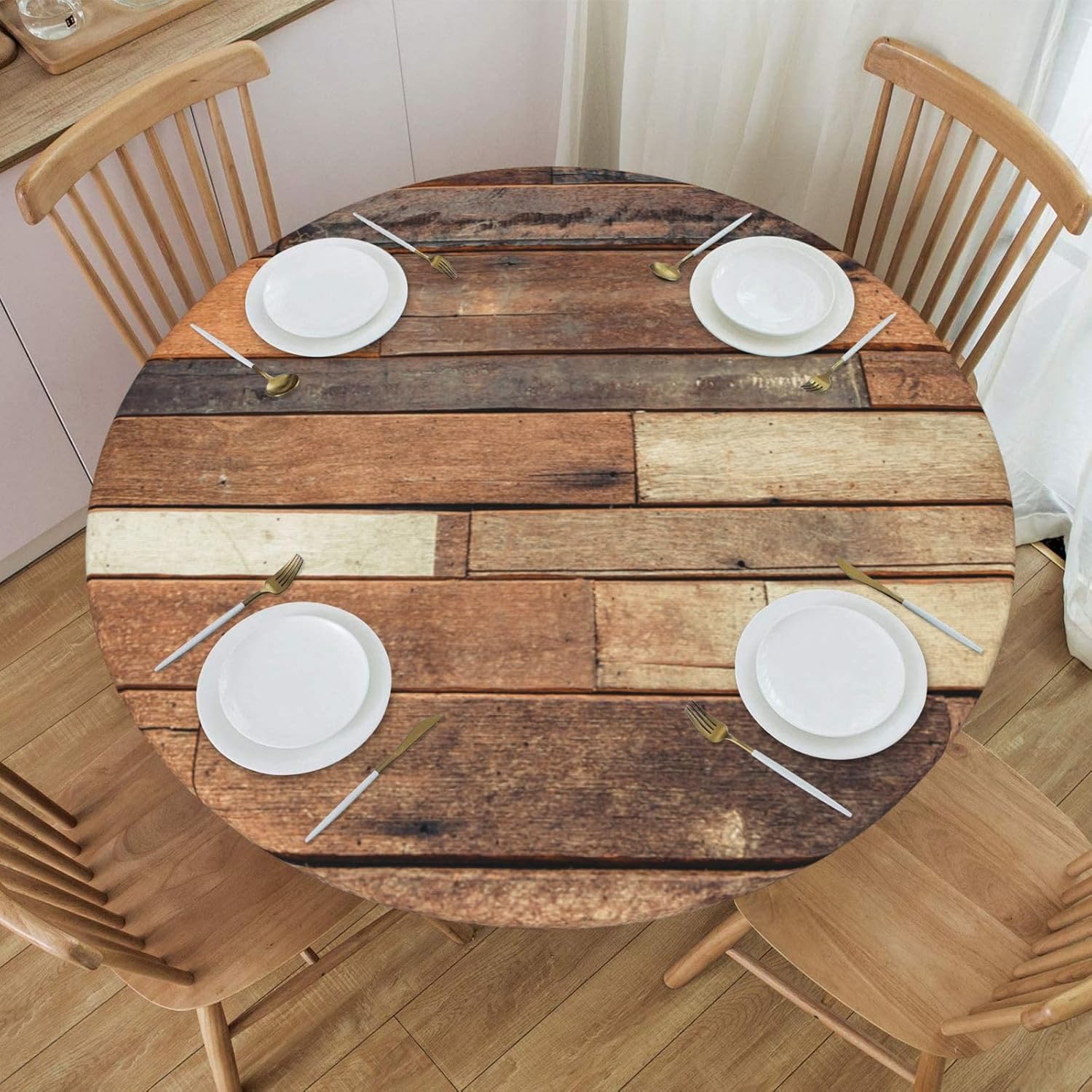 JRMRNEI Round Fitted Tablecloth,Old Wood Plank Wall