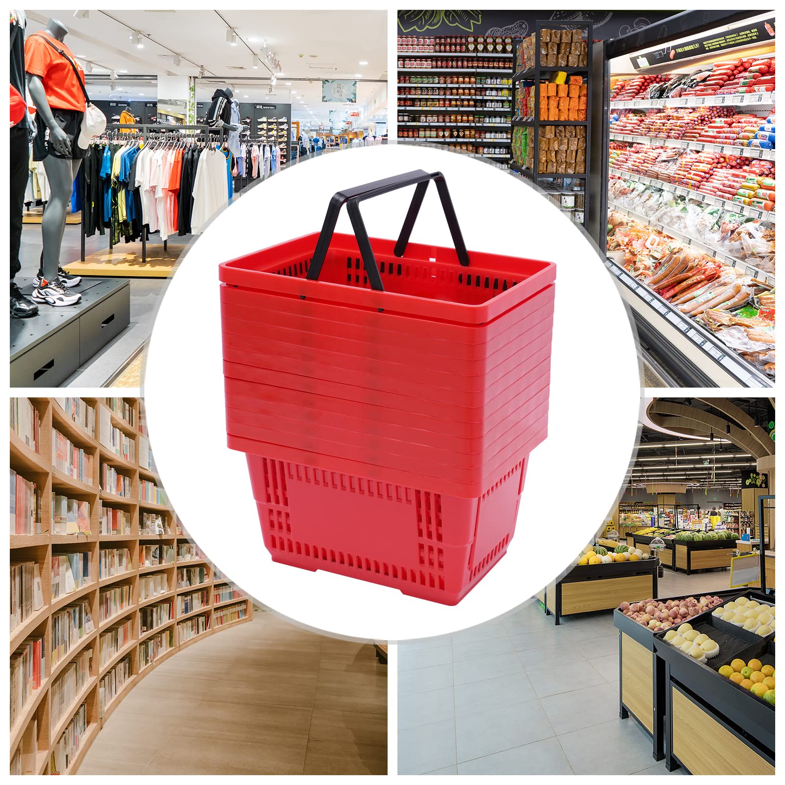 12 cesti per la spesa in plastica, 18 l, impilabili, per supermercato, rosso | 2 manici in plastica, impilabili, il design a griglia aperta supporta la vista, la ventilazione e il drenaggio dell'acqua