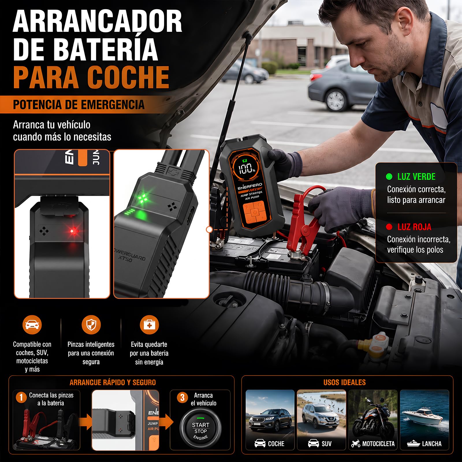 27000 mAh Arrancador Baterias Coche con Compresor Aire 150PSI