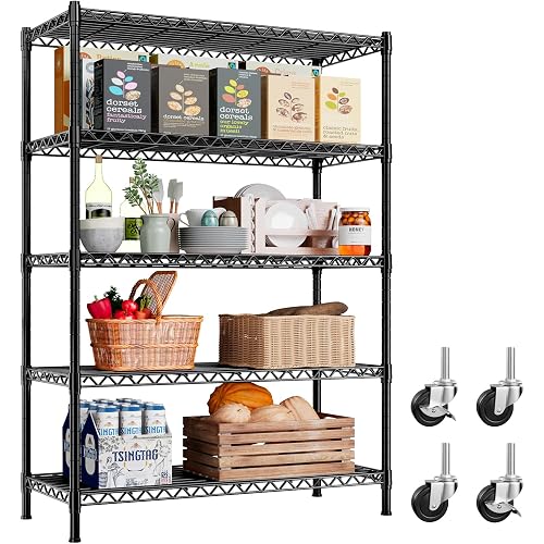 REIBII 73''H Storage Shelves 1660LBS Wire Shelving Unit with Wheels 5 Tier Metal Shelving,Heavy Duty Metal Shelves for Storage Rack,Commercial Industrial for Garage Kitchen 73''HX35''WX15''D,Black