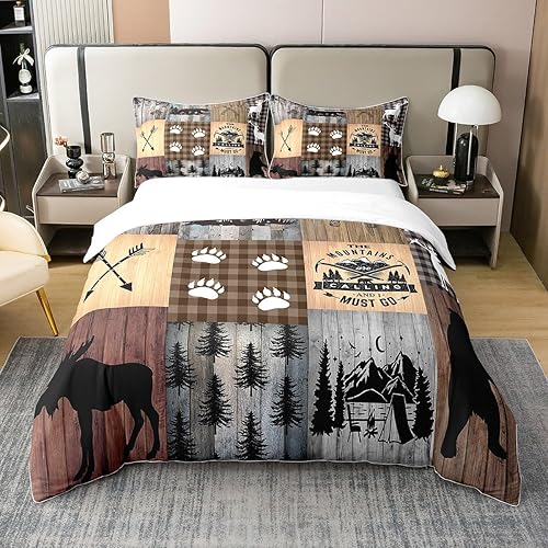 Funda de edredón de oso de ciervo a cuadros 100% algodón, tamaño King, funda de edredón de retazos de oso de oso para campamento, caza, juego de