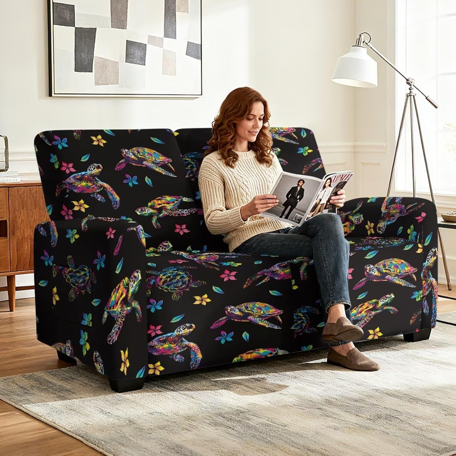 Sea Turtle Plumeria Floral Print Loveseat Recliner Covers Soft Reclining Loveseat Slipcover 6-Piece Stretch Polyester Recliner Cover for 2 Seat Sofa Couch