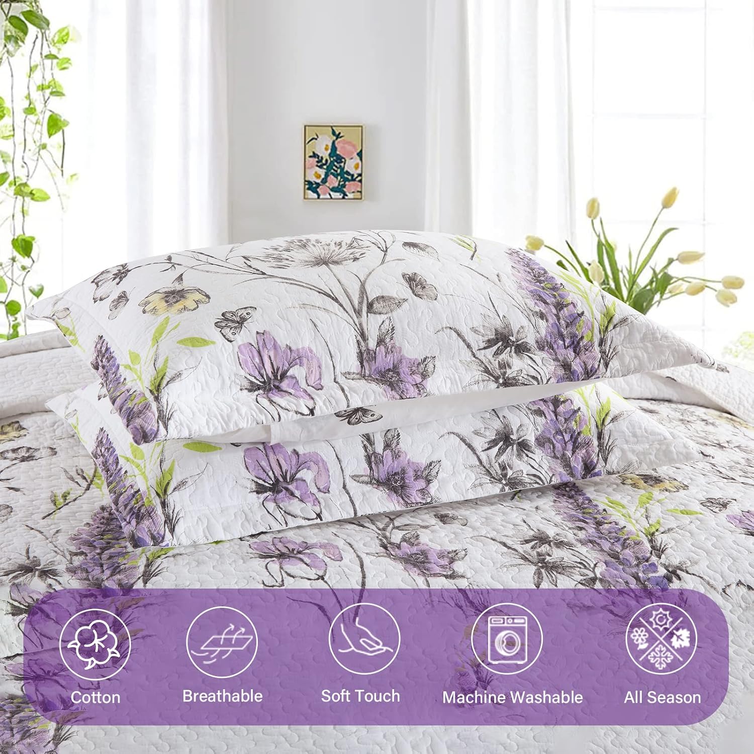 Finlonte Floral Quilt Sets Queen Bedspreads - 100% Cotton Lightweight Bedspread & Coverlet Full Quilt Bedding Set, Bed Spreads Coverlet with 2 Pillow Shams