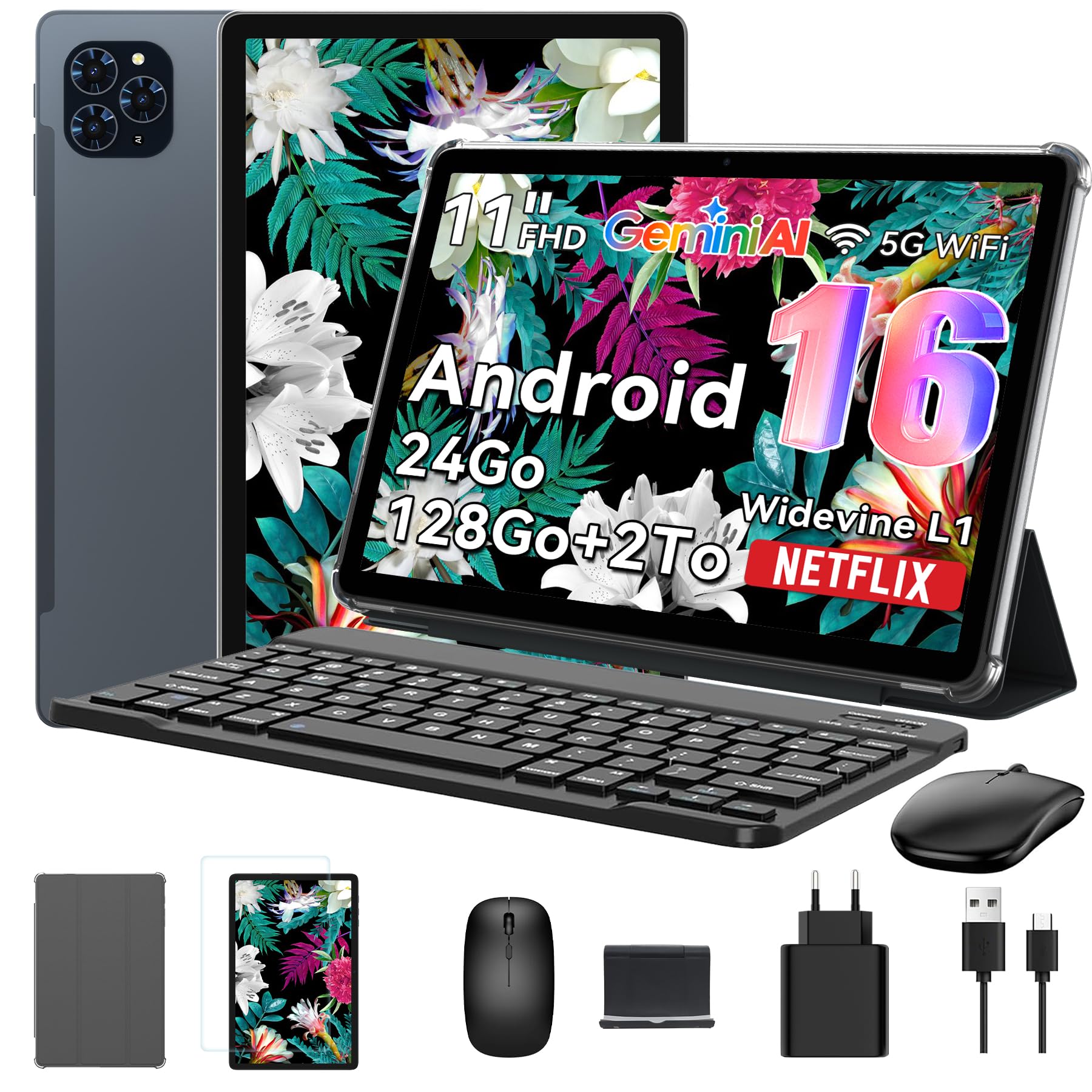 TABWEE T90 Tablette Tactile 11 Pouces Android 16 avec Clavier et Stylet | IA Gemini, 24 Go RAM (8+16) 128 Go ROM (TF 2 To), Écran FHD Widevine L1, Batterie 8000mAh, PC 2 en 1, 5G WiFi/GPS - Gris