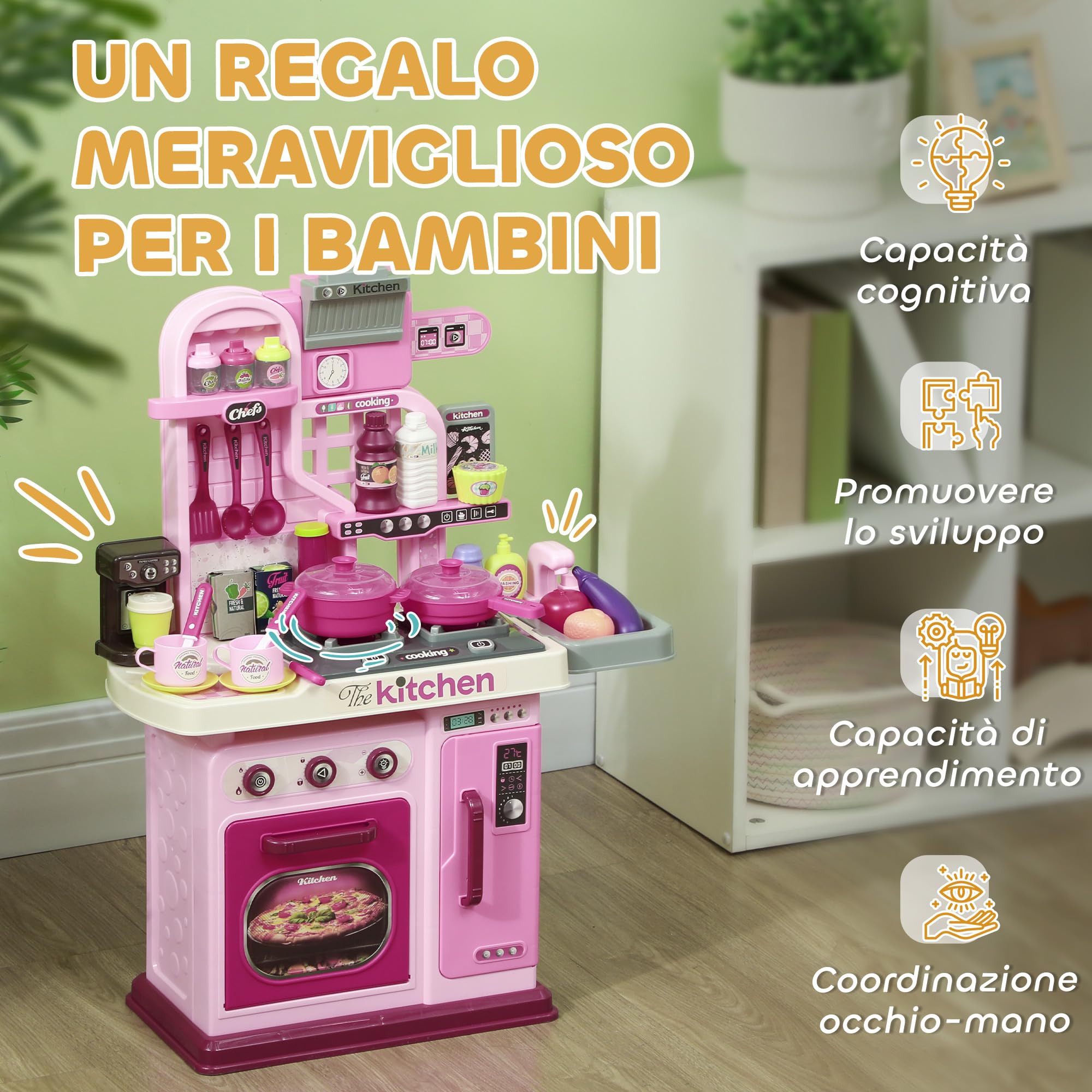 AIYAPLAY Cucina Giocattolo per Bambini da 33 Pezzi con Luci, Suoni e Rubinetto, Gioco per Bambini in PP e ABS, 53x22x69 cm, Rosa