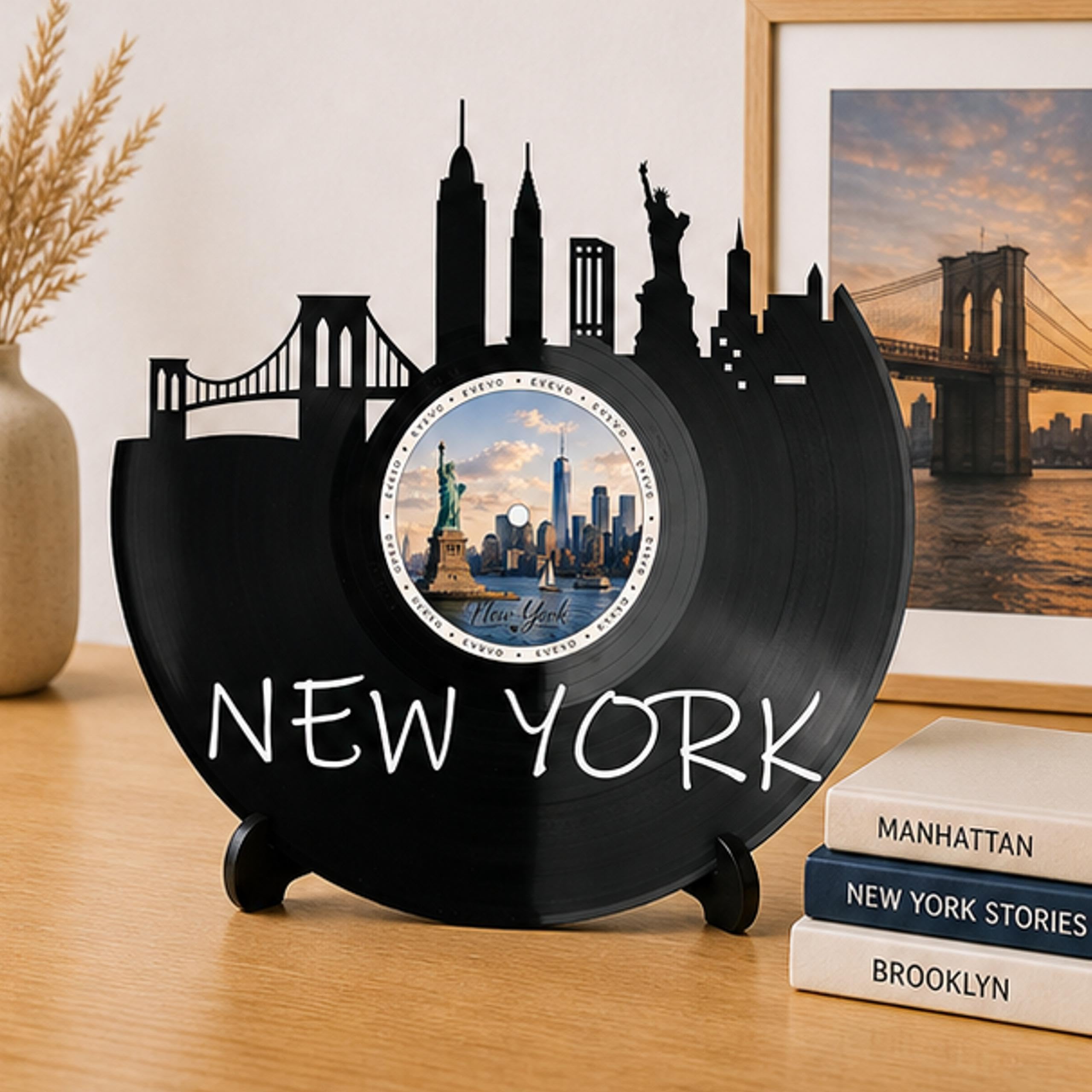 EVEVO D0031 - Decorazione da parete a forma di disco di New York, in vinile, motivo: skyline degli Stati Uniti, idea regalo per gli amanti di New York