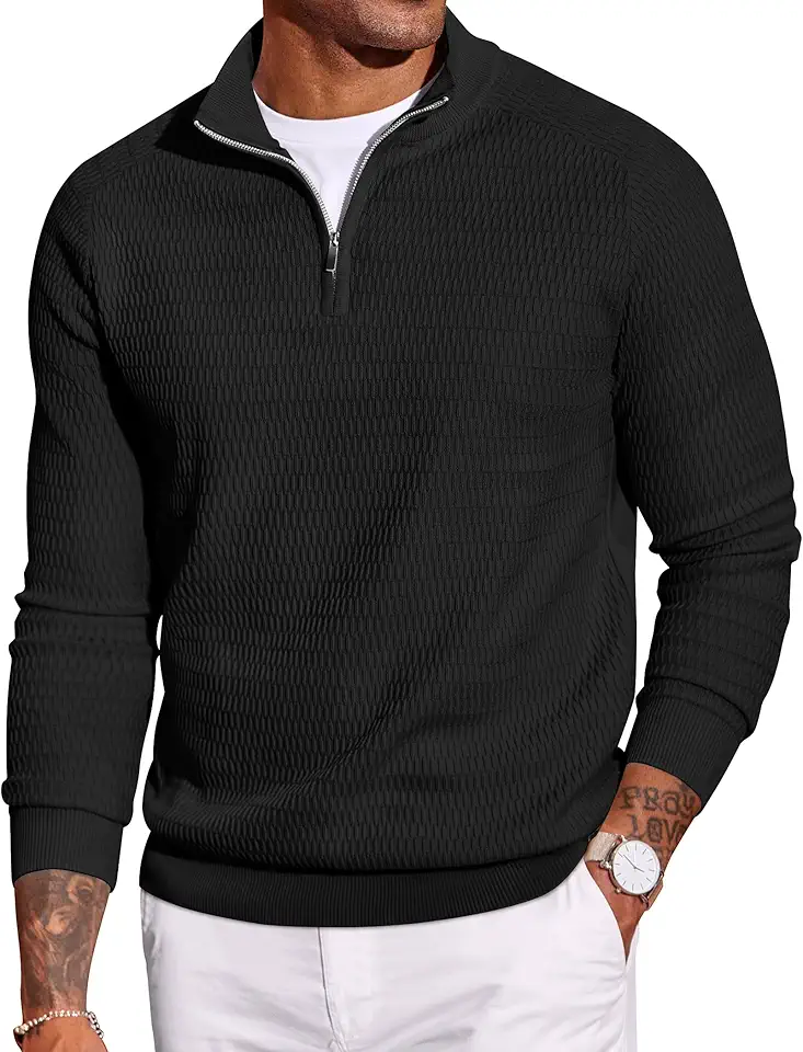 COOFANDY Men's Quarter Zip Sweater Slim Fit Lightweight Mock Neck Pullover Knit Texture Polo Sweaters