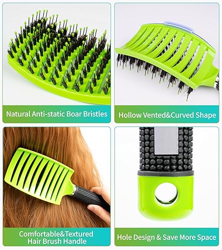 Miniatura 3 de LADYAMZ - Cepillo desenredante para cabello rizado, paquete de 2 cepillos de cerdas de jabalí, cepillo desenredante curvado y ventilado para un