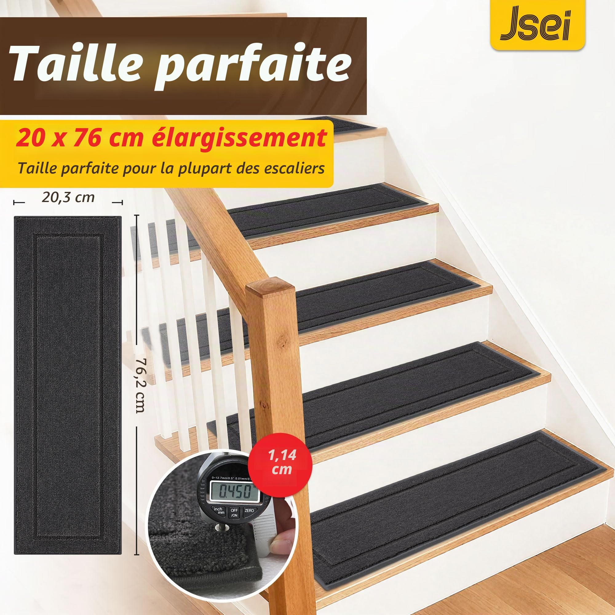 JSEI Tapis Escalier Antidérapant, Lot de 15 Marchettes Escalier Autocollantes Lavables, Tapis de Marche 20,3 x 76,2 cm, Dos TPE, Gris Foncé