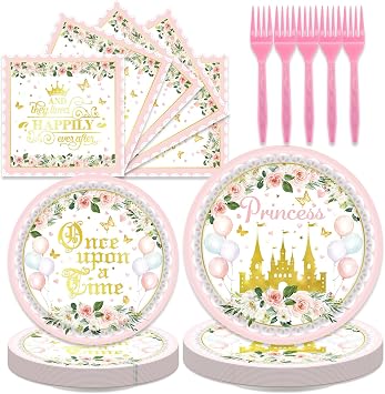 96Pcs Princess Birthday Party Decorations Fairytale Castle Themed Tableware Set Disposable Plates Napkins Forks Serves 24 Rose Gold Floral Girls Once Upon a Time Birthday Decorations