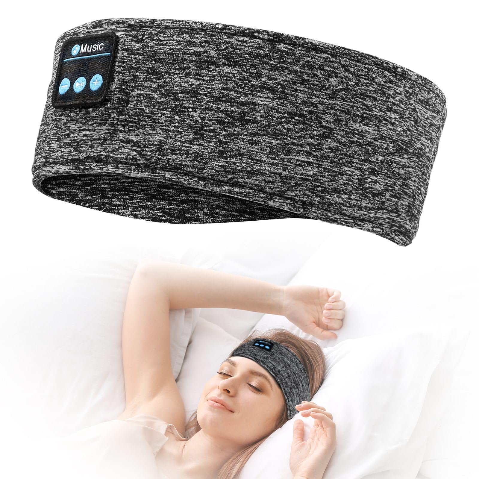 Bandeau Bluetooth 5.2 Sommeil & Sport - Casque Sans Fil Respirant, Écouteurs Intégrés, Idéal Yoga, Course, Insomnie, Voyage (Gris)