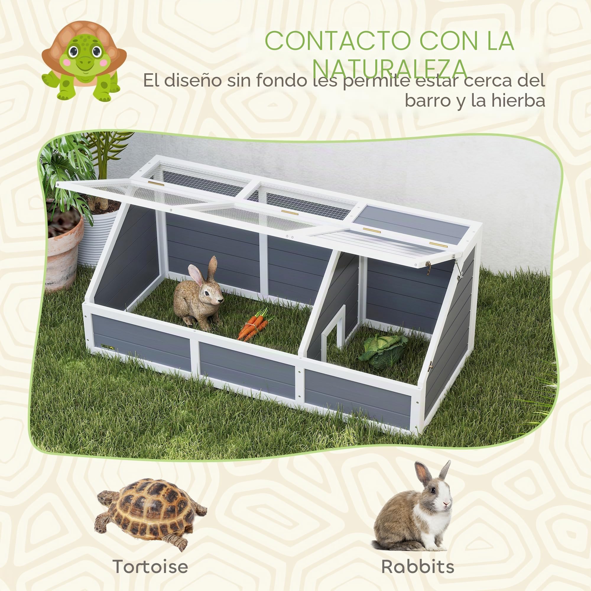 PawHut Casa para tortugas terrapín sin suelo con panel de apertura y 2 espacios separados, Casa para tortugas de abeto y acero galvanizado, 120x55x50A cm, gris claro y blanco | Sin pavimentación, panel abatible, 2 espacios separados, casa terrario tortuga