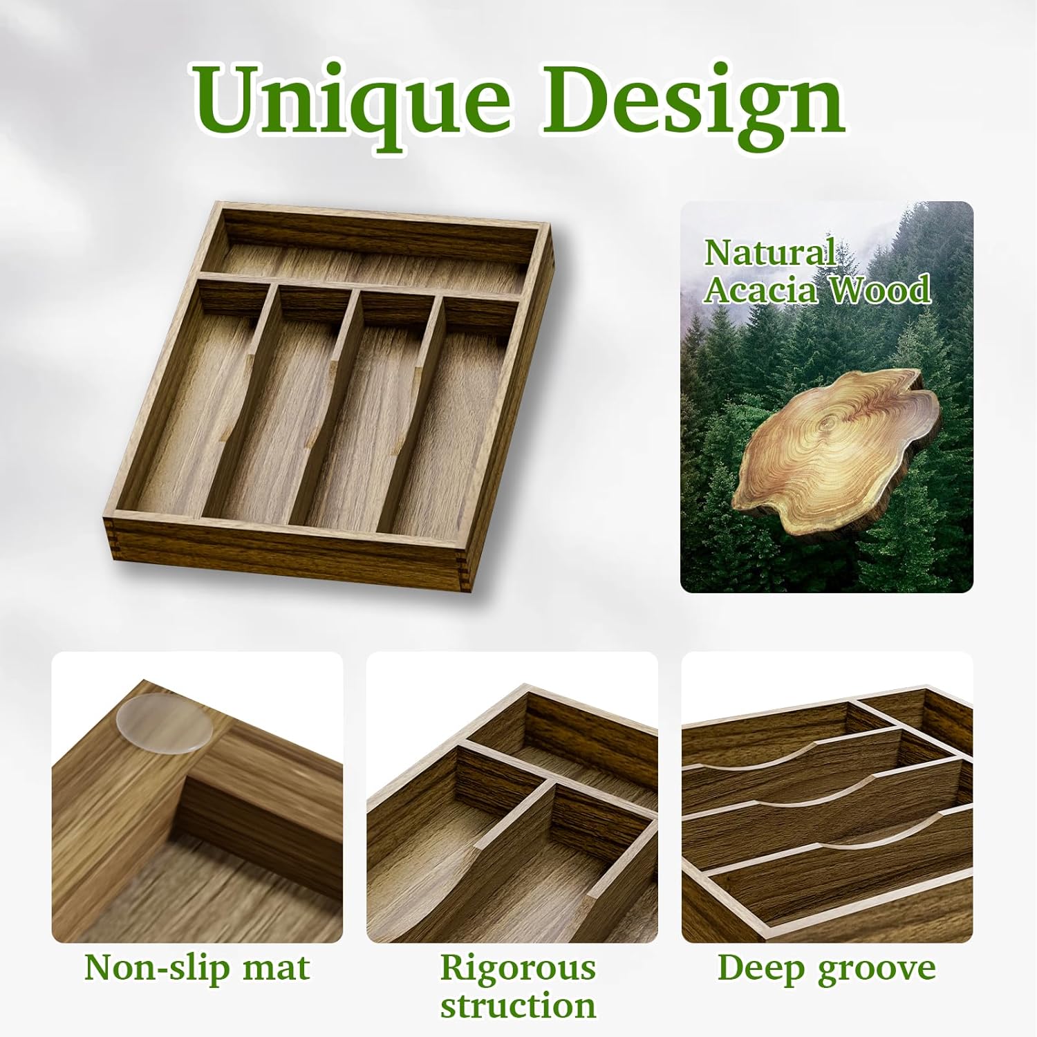 Kiasthome Acacia Wood Silverware Drawer Organizer, Kitchen Utensil Cutlery Drawer Organizer with Grooved Dividers, Flatware Organizer Silverware Tray Holder for Spoon, Fork, 11''x13.8'' (5 Slots)