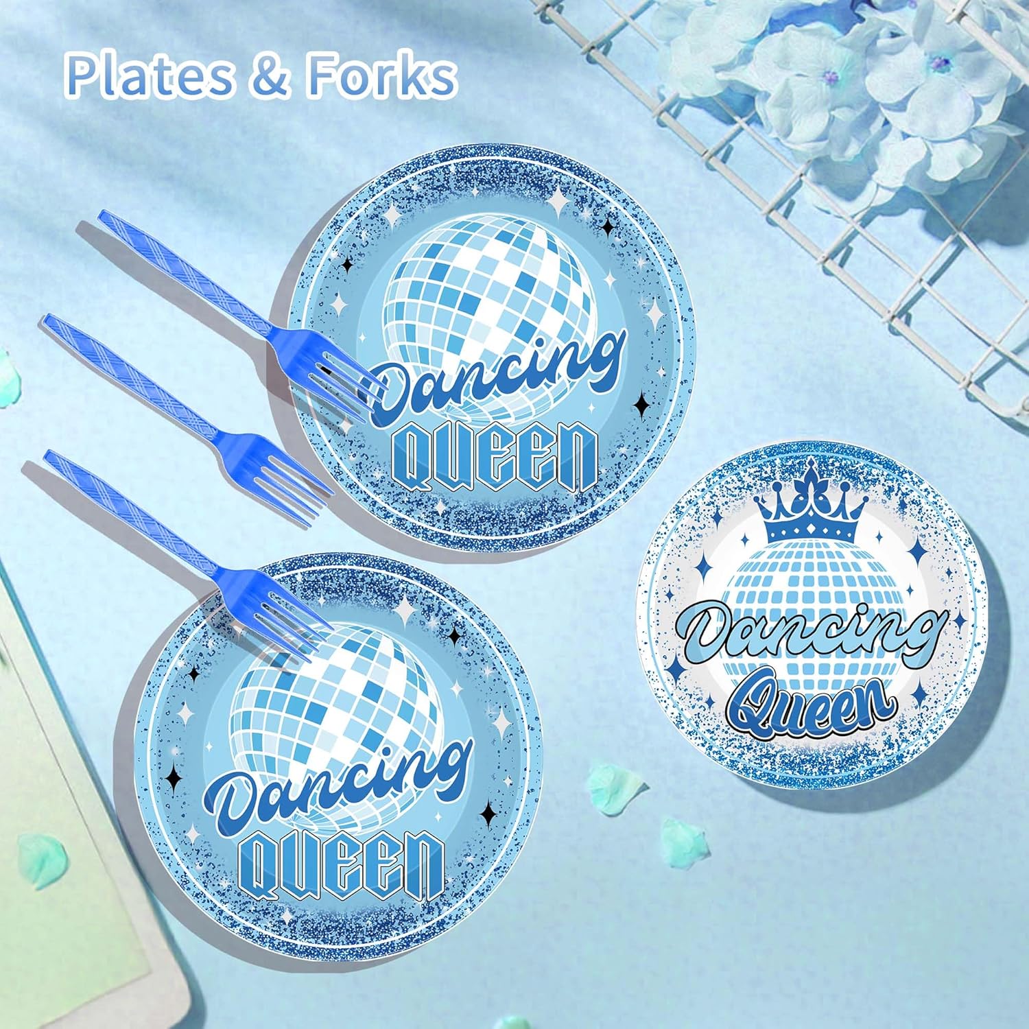 96 Pcs Dance Queen Party Decorations, Blue Mirrorball Crown 17th Birthday Party Plates Napkins and Forks for 24 Guests, Fun Disco Tableware Set - Image 5