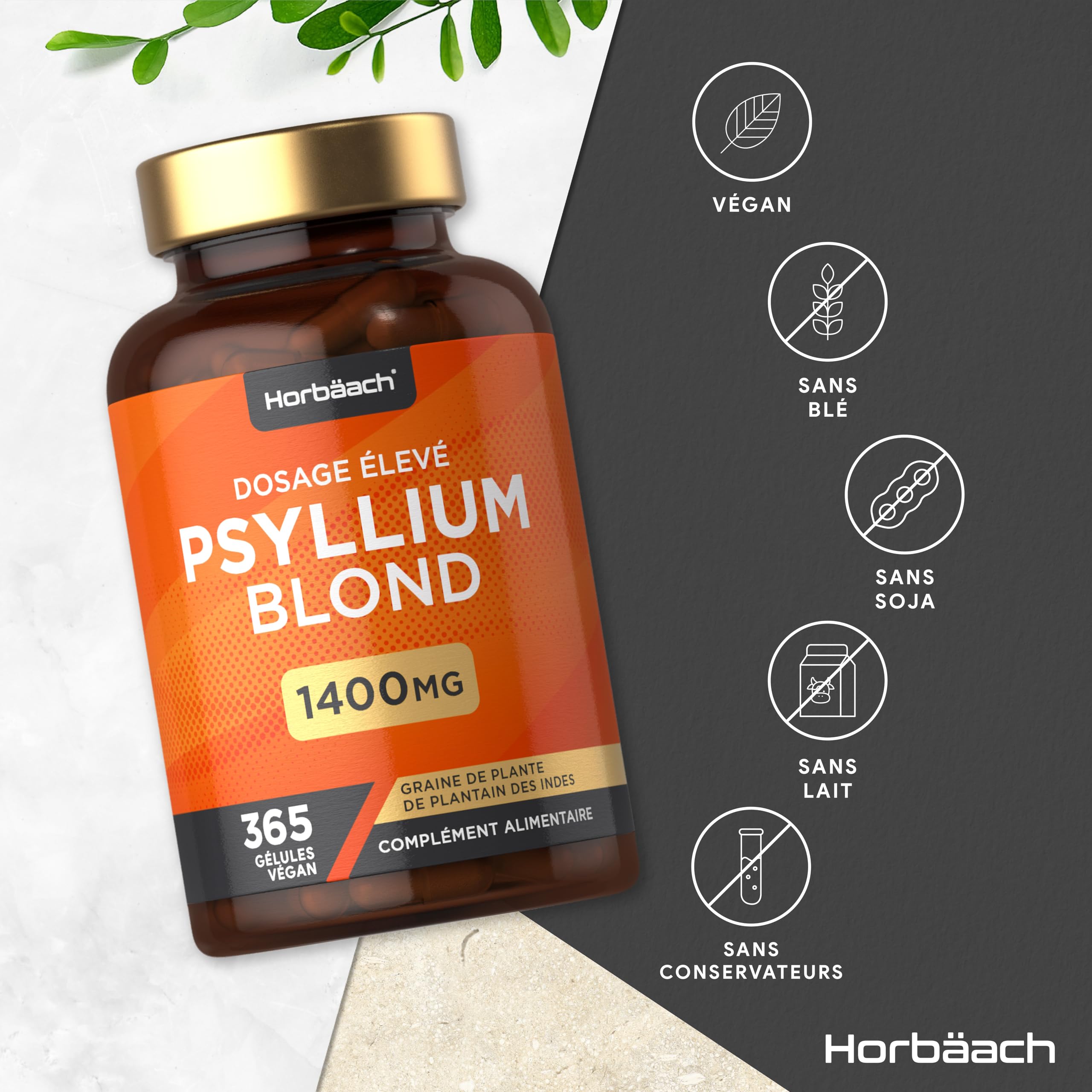 Psyllium Blond Gelules 1400 mg | 365 Psyllium Gelules Vegan | 6 Mois | Fibre de Psyllium Husk Haute Dosage | Prébiotique naturel | Horbaach