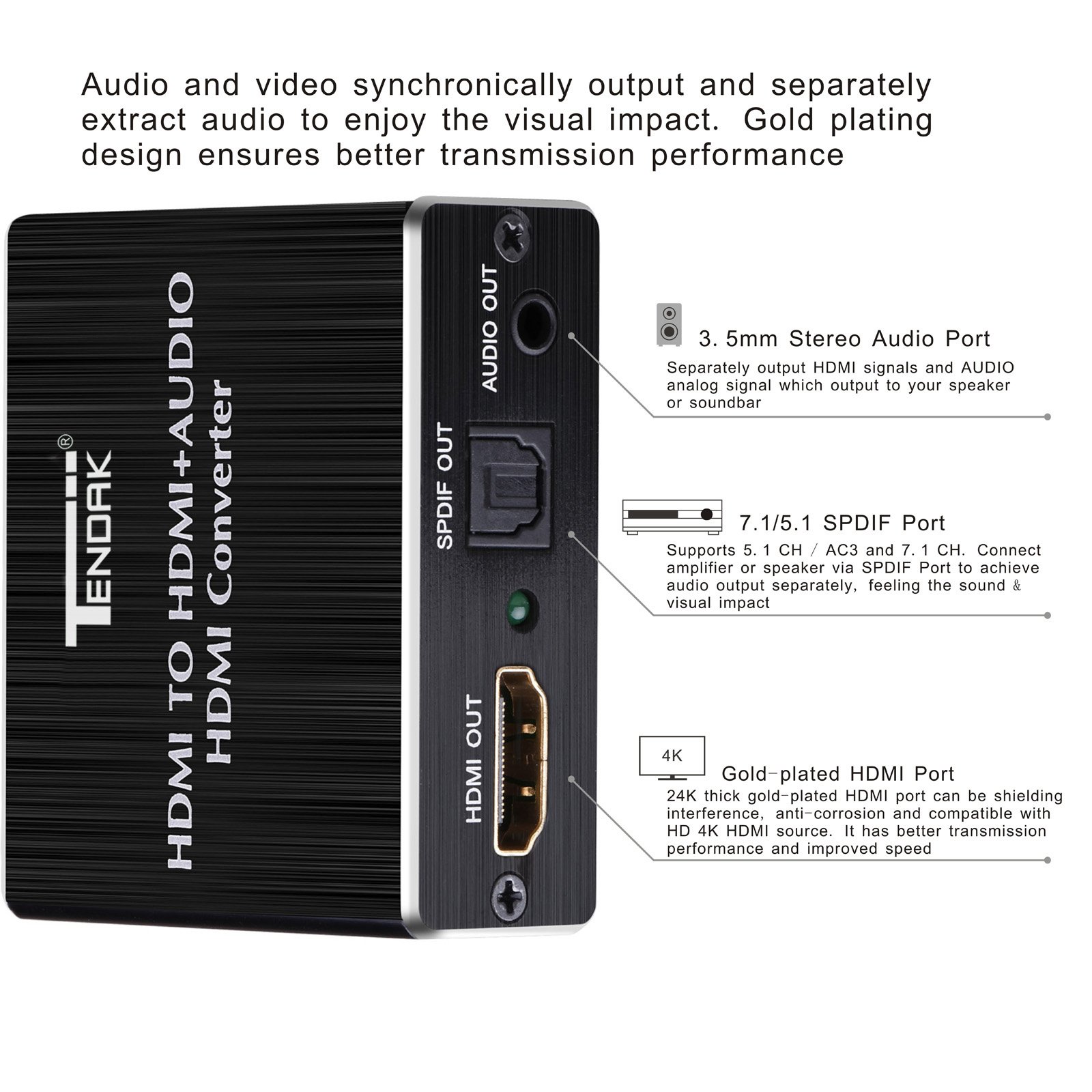 Tendak Splitter audio HDMI 4K Estrattore HDMI a SPDIF TOSLINK ottico e stereo 3,5 mm Adattatore