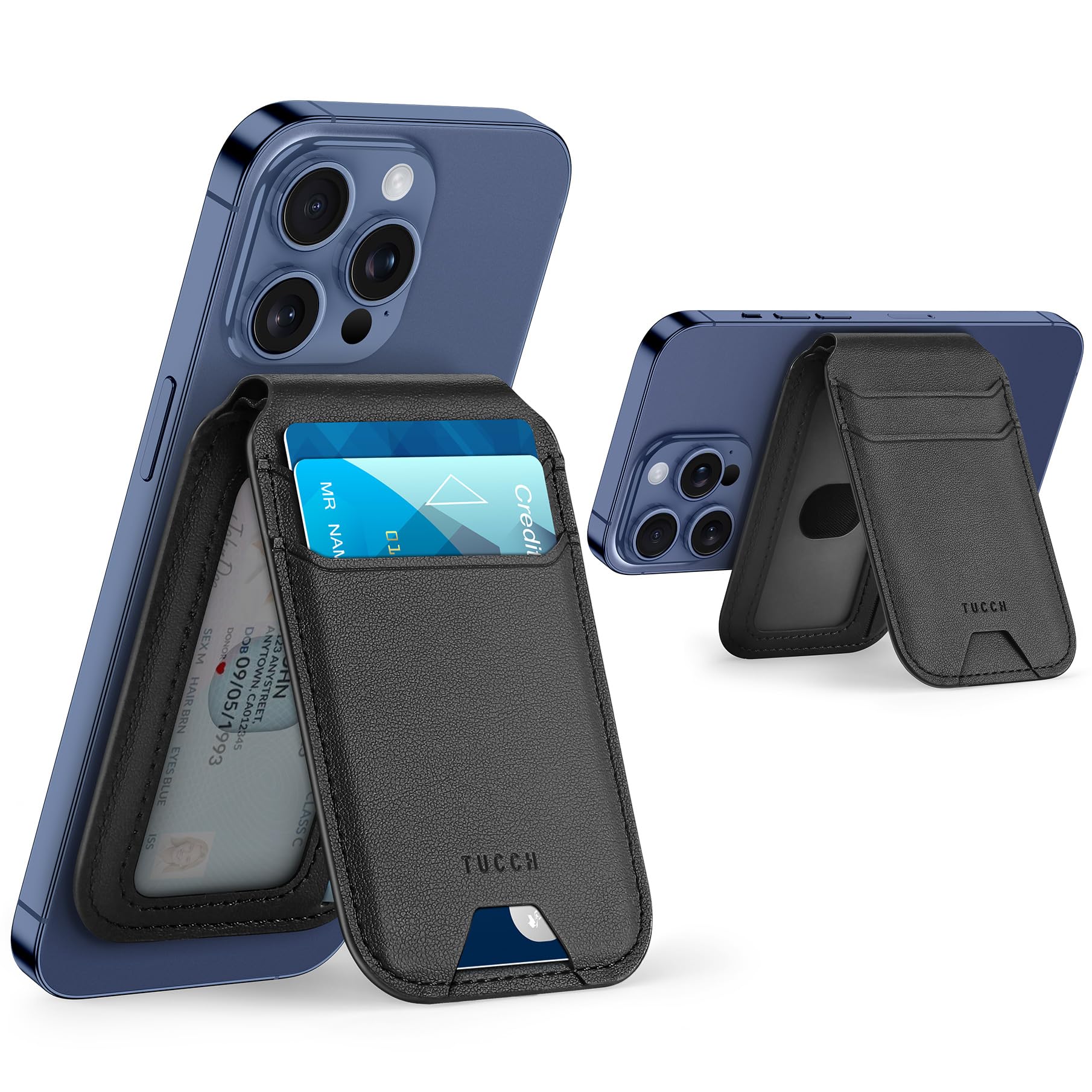 TUCCH Magnetic Phone Wallet with Adjustable Stand, [RFID Blocking] Credit Card Holder, Fit 5 Cards, PU Leather Magnetic Wallet for iPhone 16/15/14/13/