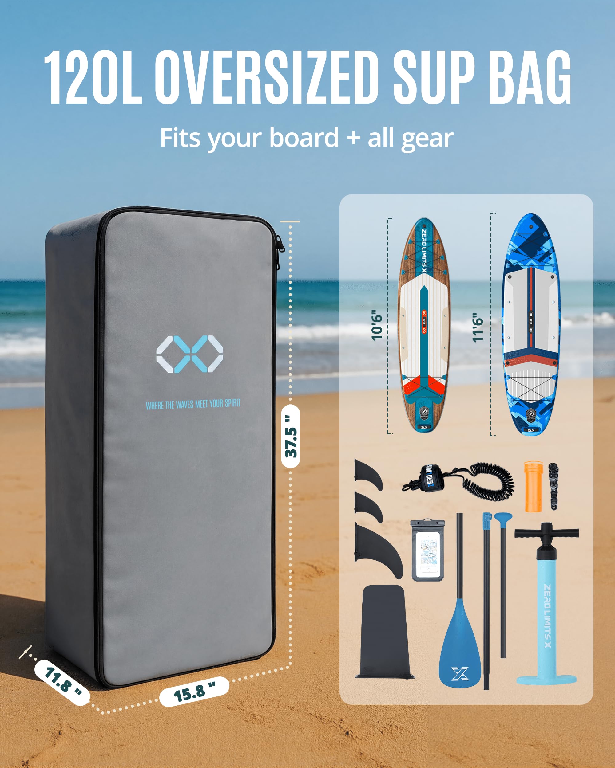 ZLX Mochila Paddle Surf Hinchable 100L, Bolsa Transporte Sup con Correas Ergonómicas Acolchadas, Mochila Tabla Paddle Surf Impermeable para Paddleboard con Gran Capacidad