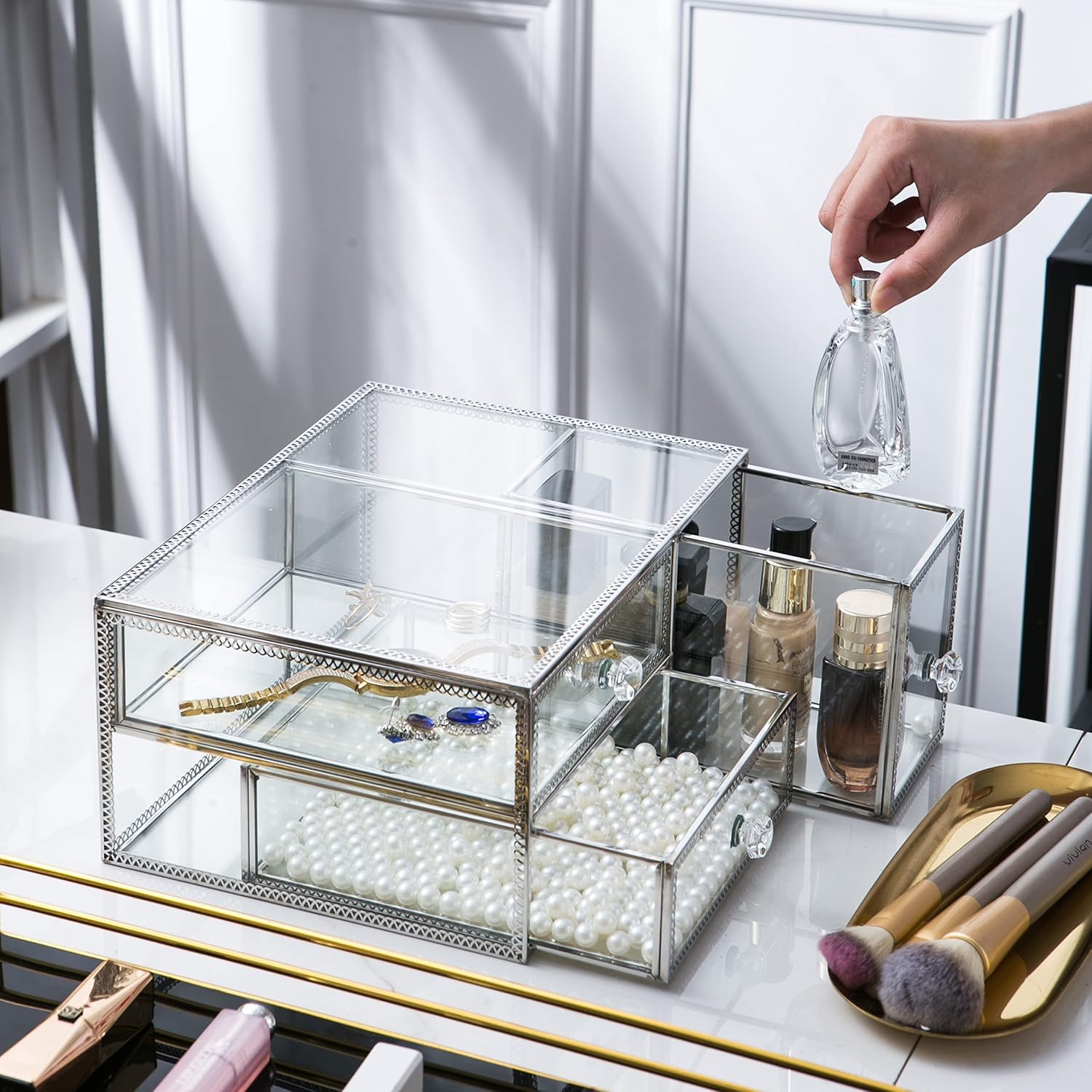 Vellon Vintage Glass Jewelry Box with Drawers, Makeup Desktop Organizer Drawer, Cosmetic Storage, Glass Box for Bracelet/Necklace/Ring/Cosmetic, Keepsake Box