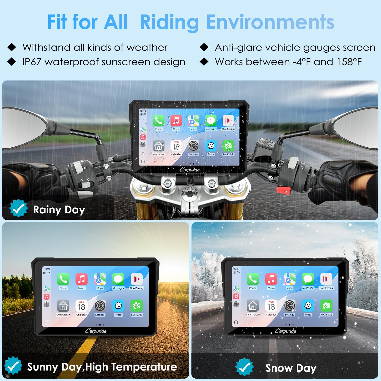 2025 Carpuride W702S PRO Motorcycle GPS Wireless Carplay/Android Auto, 7" Waterproof Motorbike Touch Screen, with BM05 Mount, Bluetooth Trans, Wired Controller, Navigation
