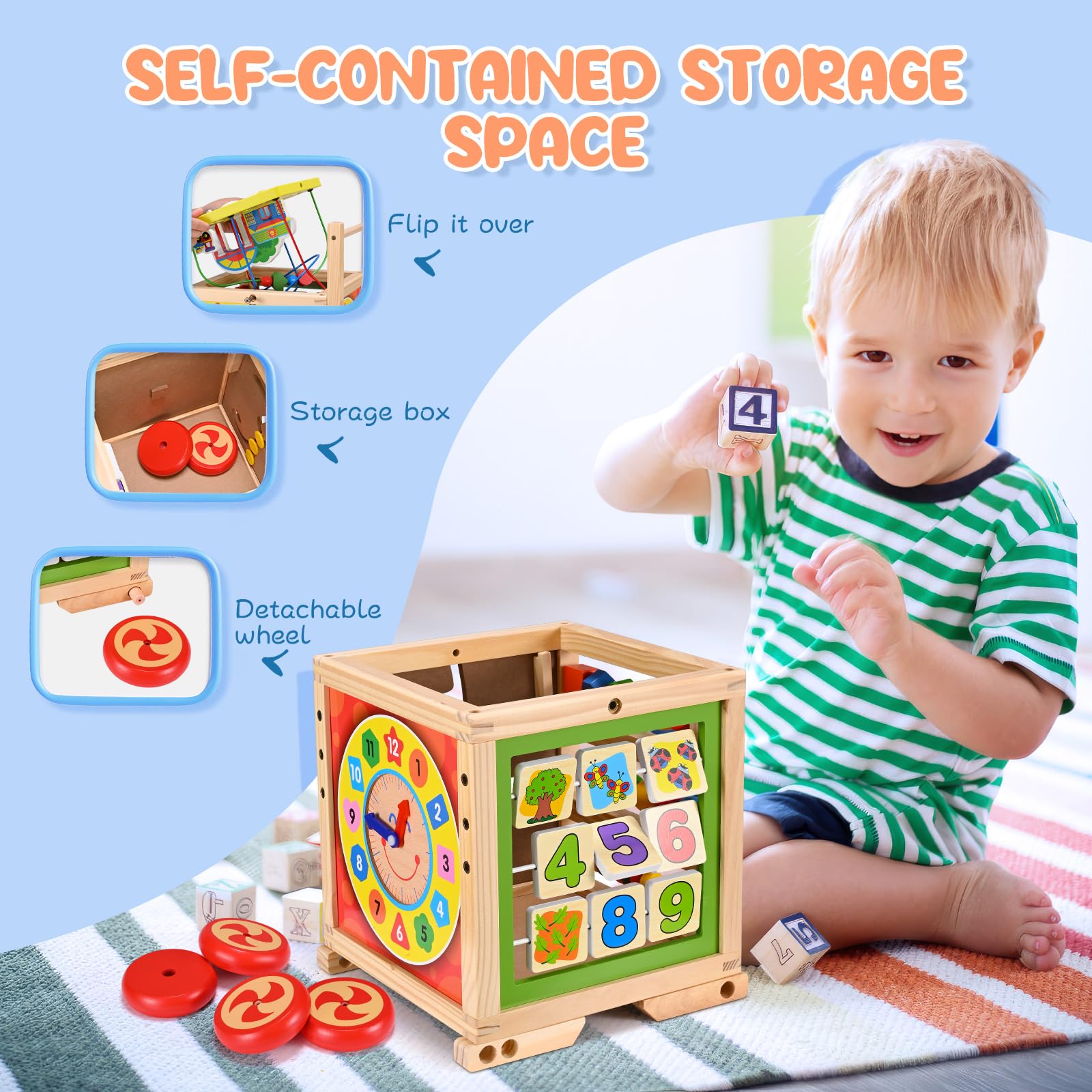 Andador de madera para bebés, andador multifuncional con 5 actividades, mango ajustable, estructura triangular estable, juguete educativo para niños pequeños a partir de 1 año