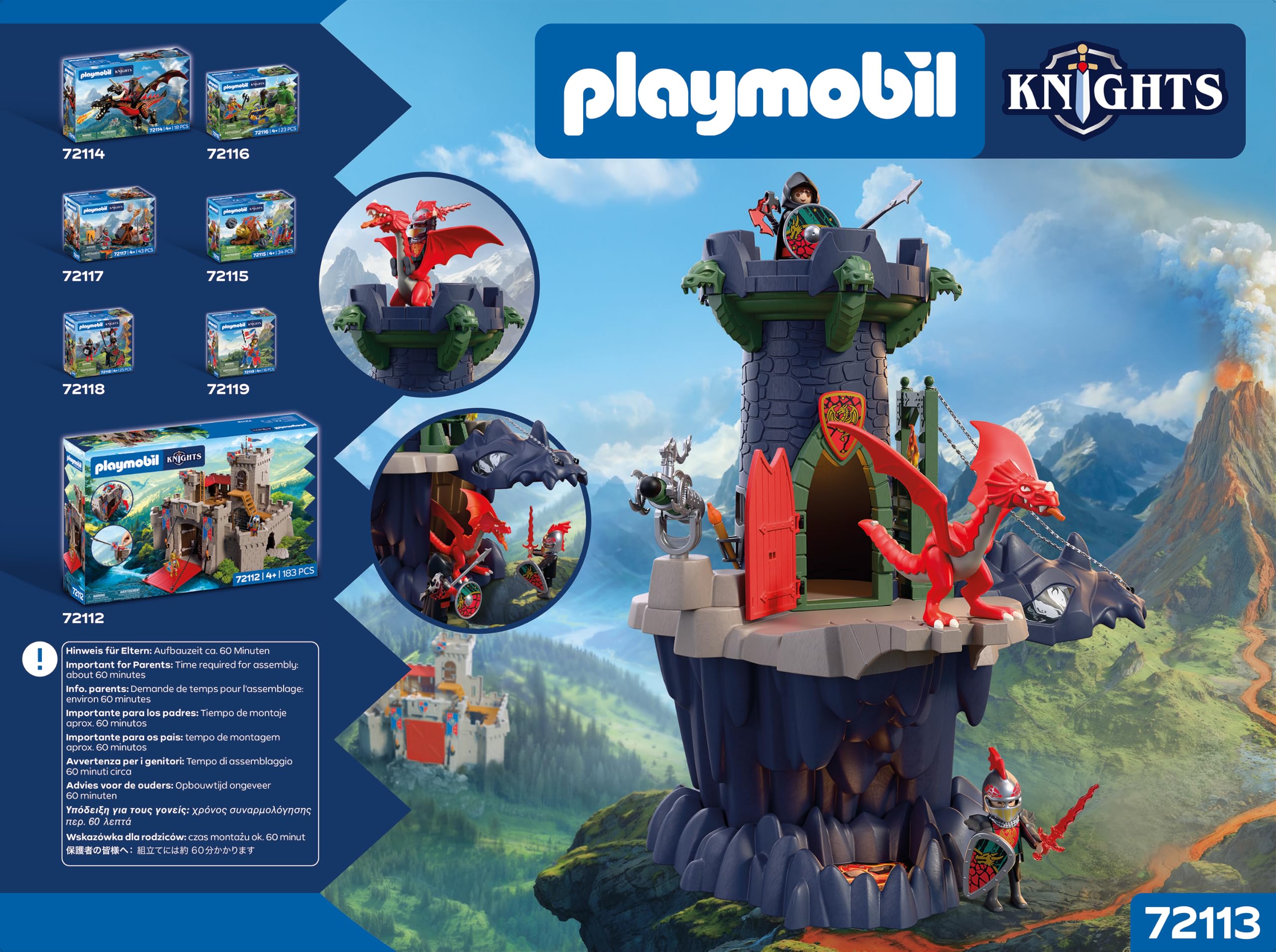 PLAYMOBIL | Knights | Wieża rycerzy smoków | wieża ze smokiem, mostem zwodzonym i jaskinia głowa smoka | zamek rycerski, zabawka dla dzieci od 4 lat | 72113