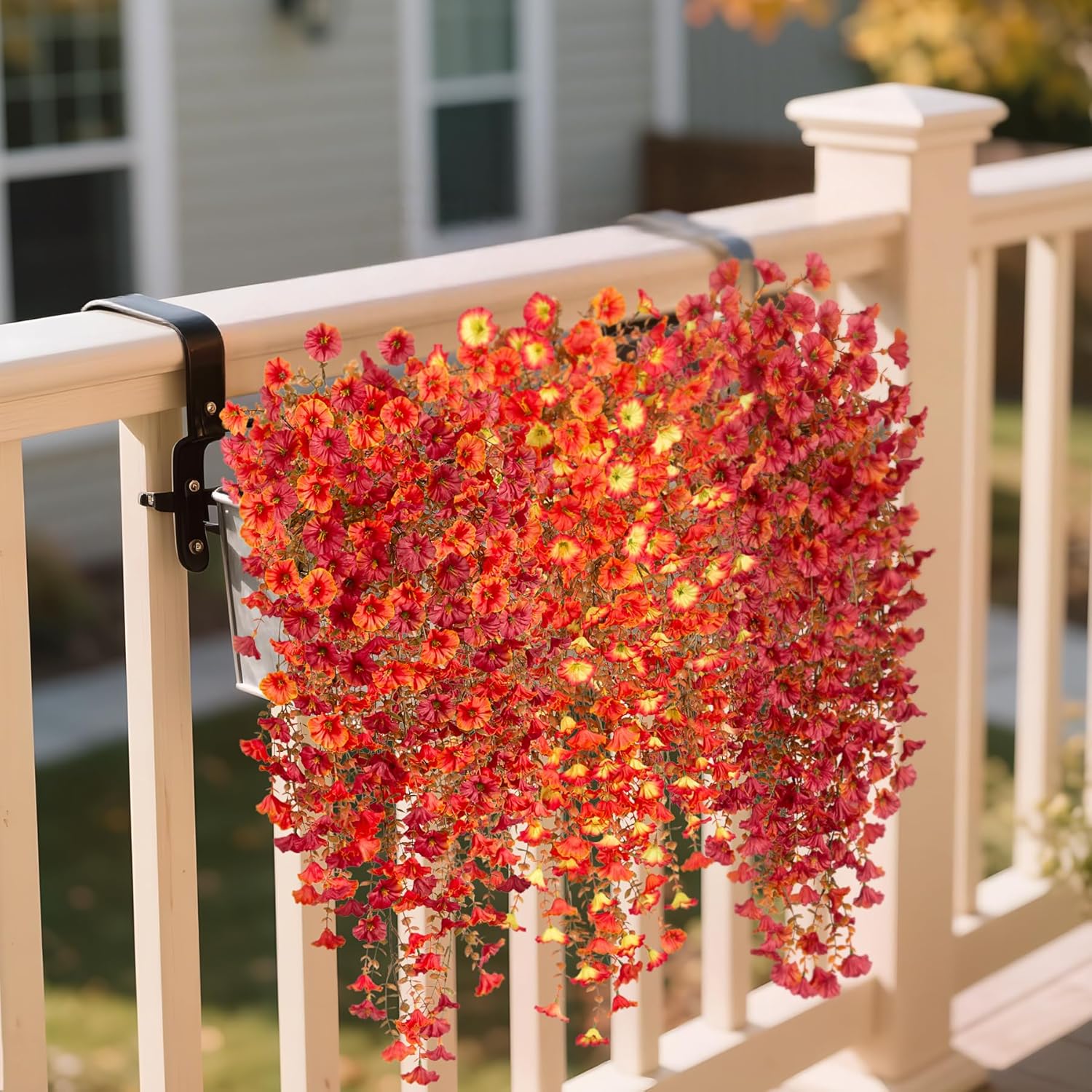 Artificial Fall Hanging Flowers for Decoration, 2pcs Long Vine Fake Flowers Plants Morning Glory, Realistic Faux Petunias for Planter Patio Porch Garden Autumn Outdoors Dec, Orange Red - Image 7